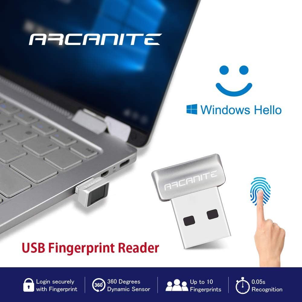 Communicates the key benefits of the USB fingerprint reader including security, sensor capability, multi-user support, and speed to reassure shoppers of its comprehensive functionality.