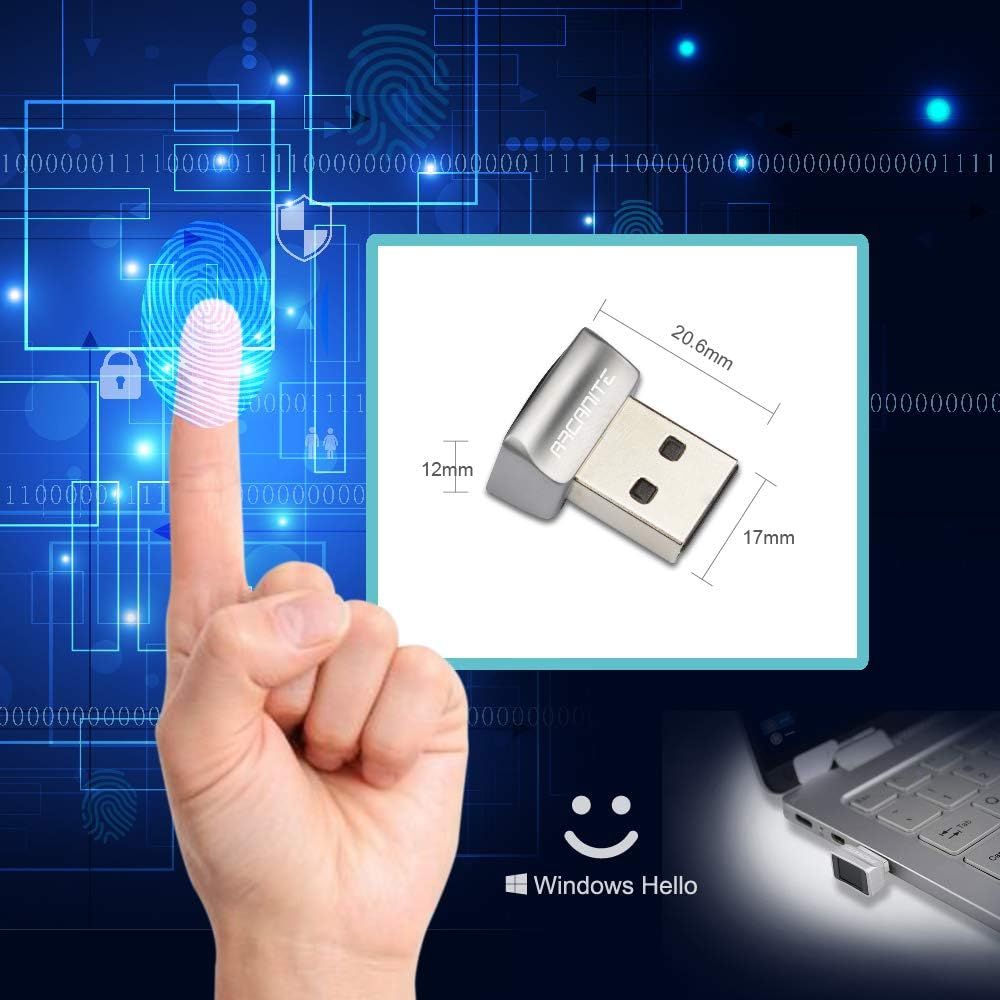 Communicates the ultra-compact physical size of the USB fingerprint reader (20.6mm x 17mm x 12mm) to reassure shoppers it won't take up much space and is highly portable. Highlights the fingerprint…