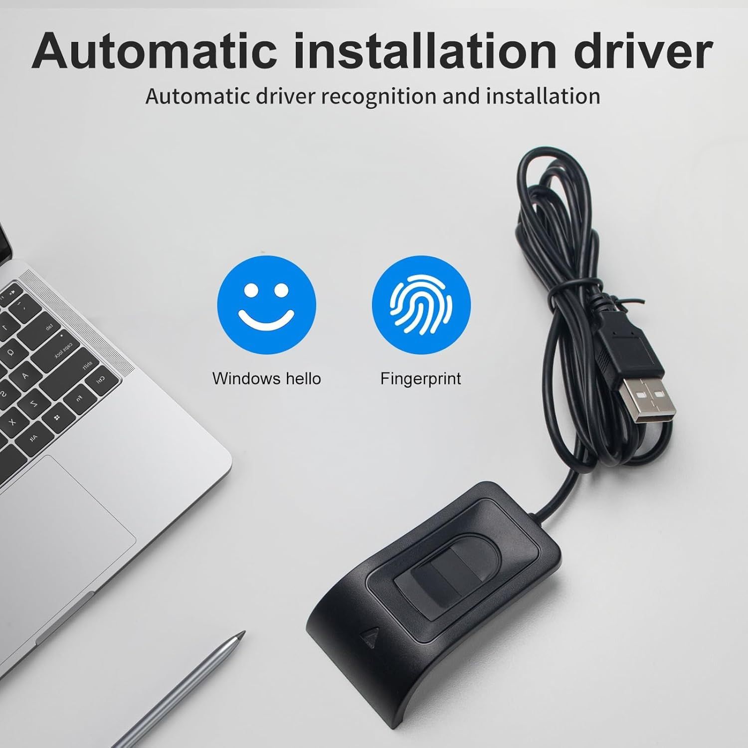 Communicates that the fingerprint scanner features automatic driver recognition and installation, making setup effortless for Windows Hello and fingerprint authentication.
