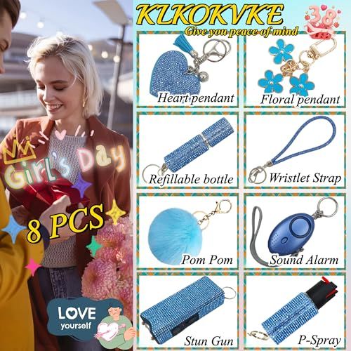 Shows all the items included in the purchase—a complete self-defense accessory bundle with keychains, alarm, spray, and other safety tools—to communicate…