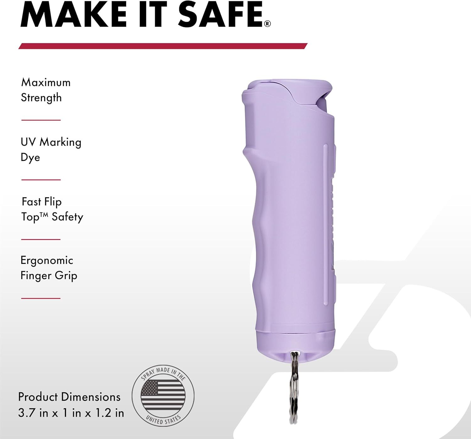 Communicates multiple key safety and usability features of the personal safety spray device to reassure shoppers of its effectiveness, ease of use, and…