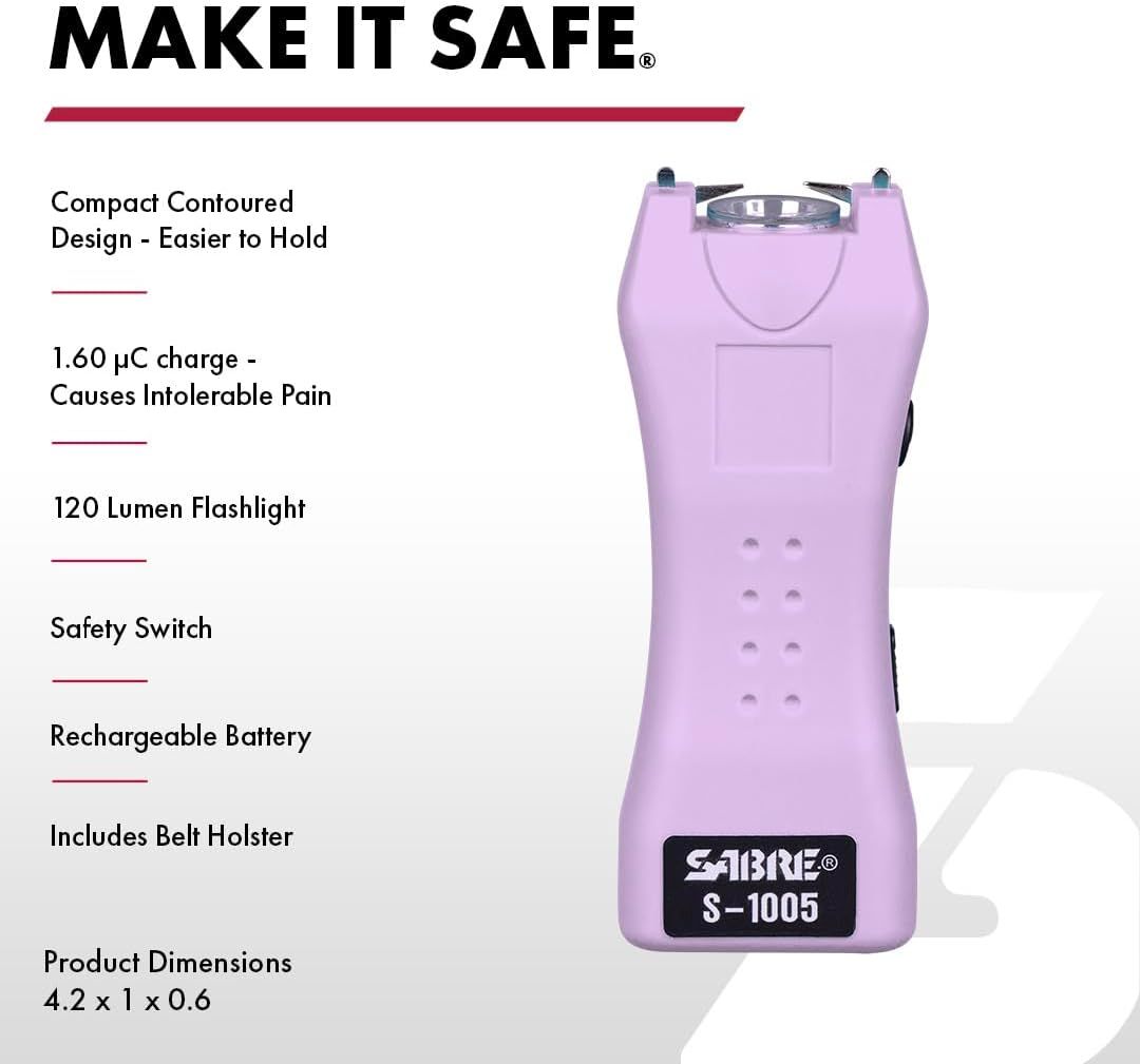 Communicates multiple distinct features and benefits of the stun gun in a segmented list format to inform shoppers of its comprehensive safety capabilities…