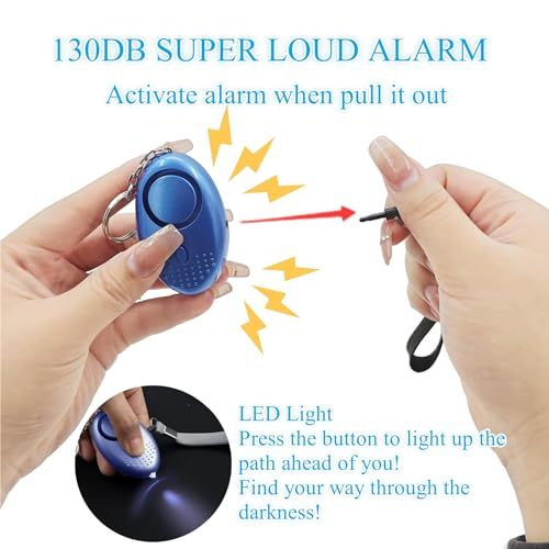 Demonstrates two key safety features of the personal alarm device: the loud 130DB alarm activated by pulling the pin, and the LED light function for…