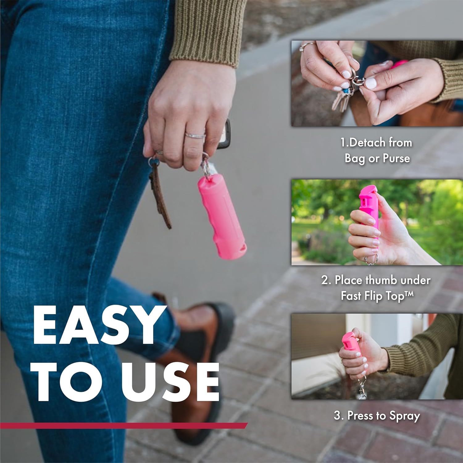Demonstrates how to use the product in three simple steps: detach from bag, flip the top, and press to spray. Reassures shoppers that the product is…