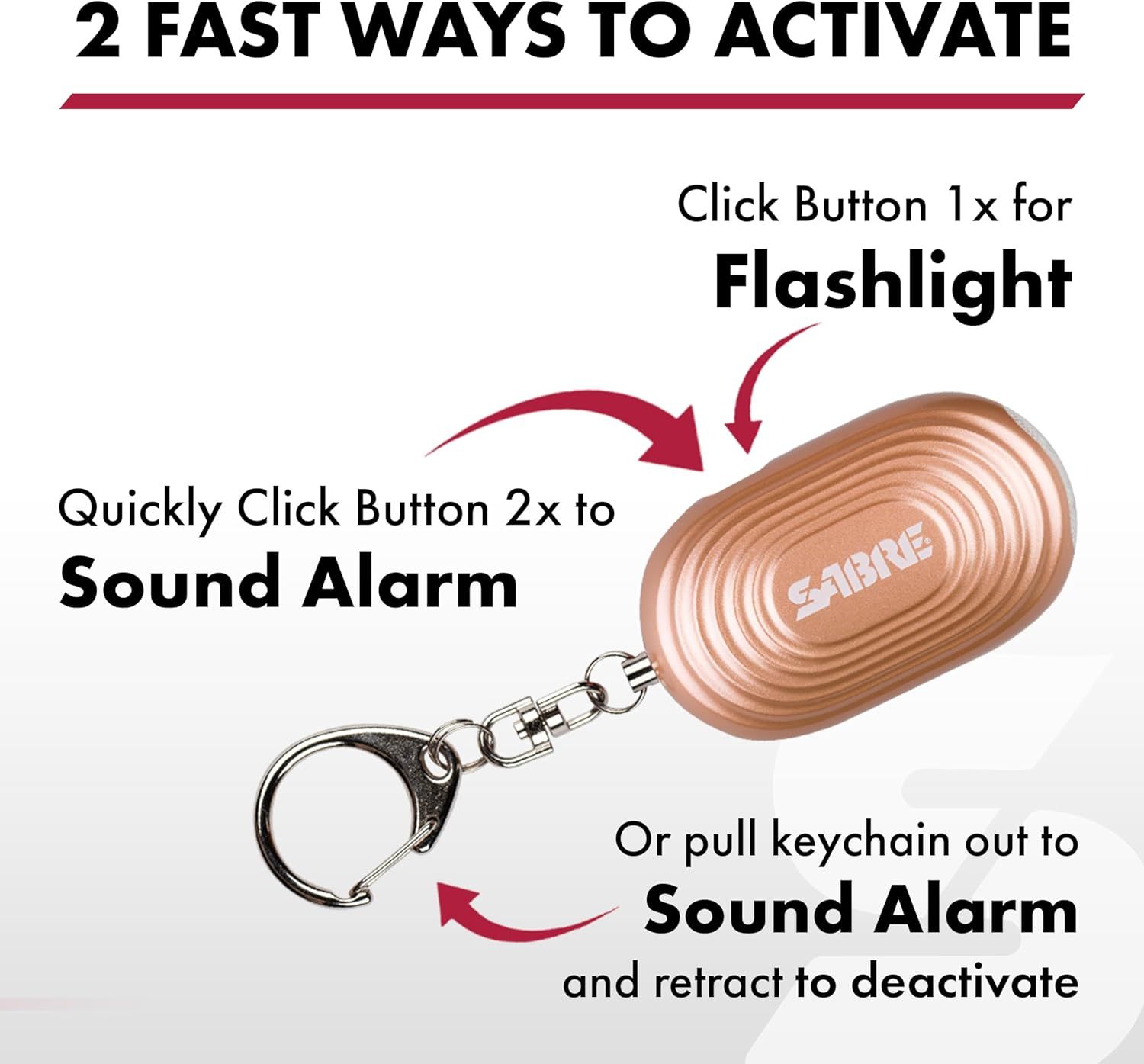 Explains the two different ways to activate the personal alarm device (button clicks for flashlight or alarm, or pulling the keychain), helping shoppers…