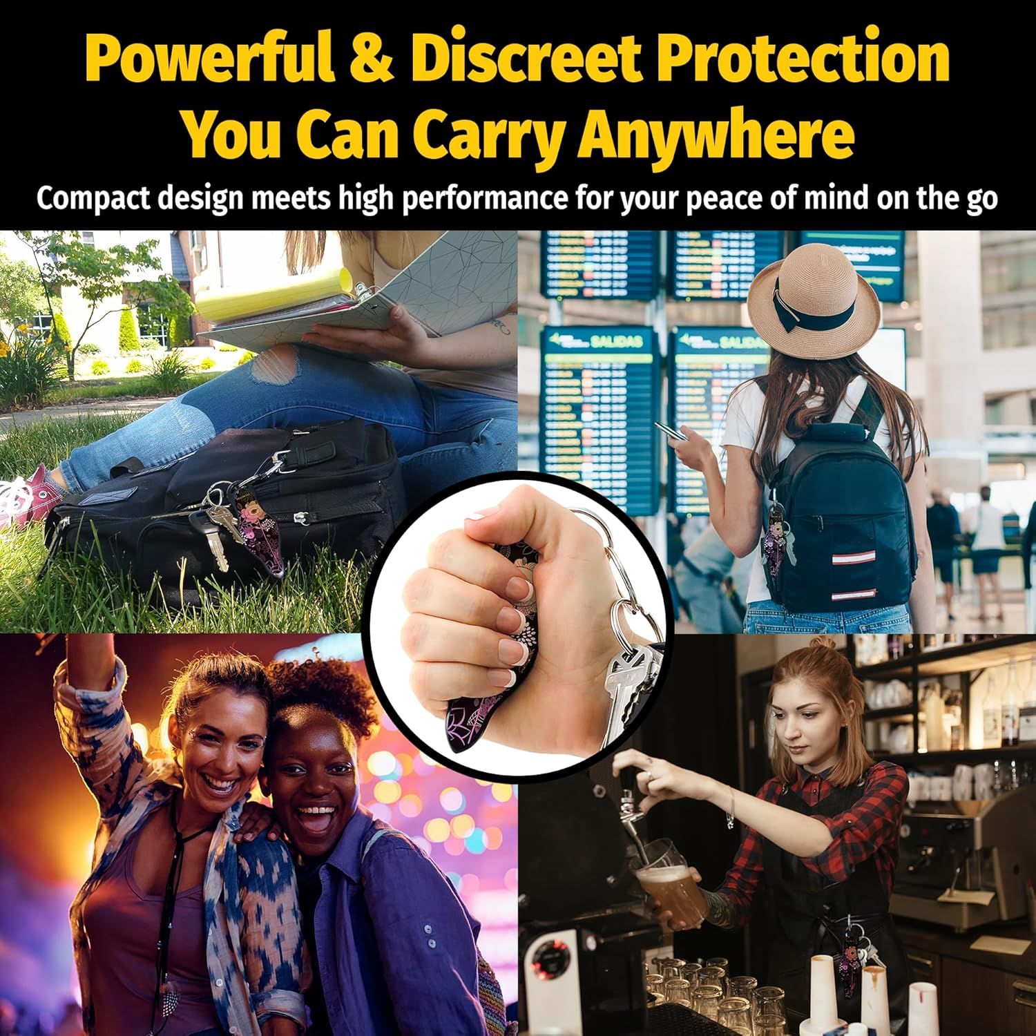 Demonstrates the versatility of the self-defense product by showing it can be carried and used in multiple real-world scenarios including travel, outdoor…