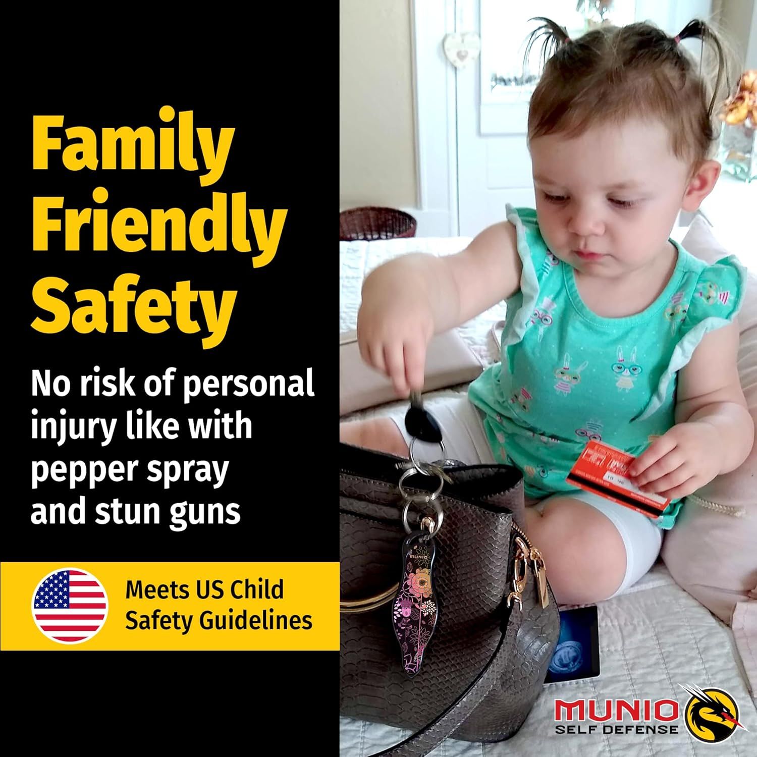 Reassures parents that the product is safe for use around children, with no risk of personal injury like pepper spray or stun guns, and meets US Child Safety Guidelines. Communicates the key benefit…
