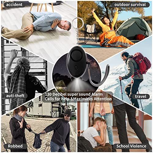 Demonstrates the product's versatility by showing six different emergency scenarios where the 130 decibel alarm can be used to maximize attention and call for…