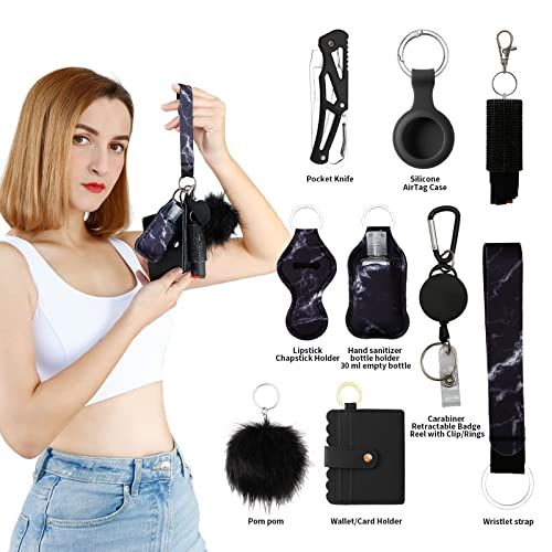 Shows all the items included in the purchase—a comprehensive set of accessories like pocket knife, AirTag case, chapstick holder, hand sanitizer holder, pom…