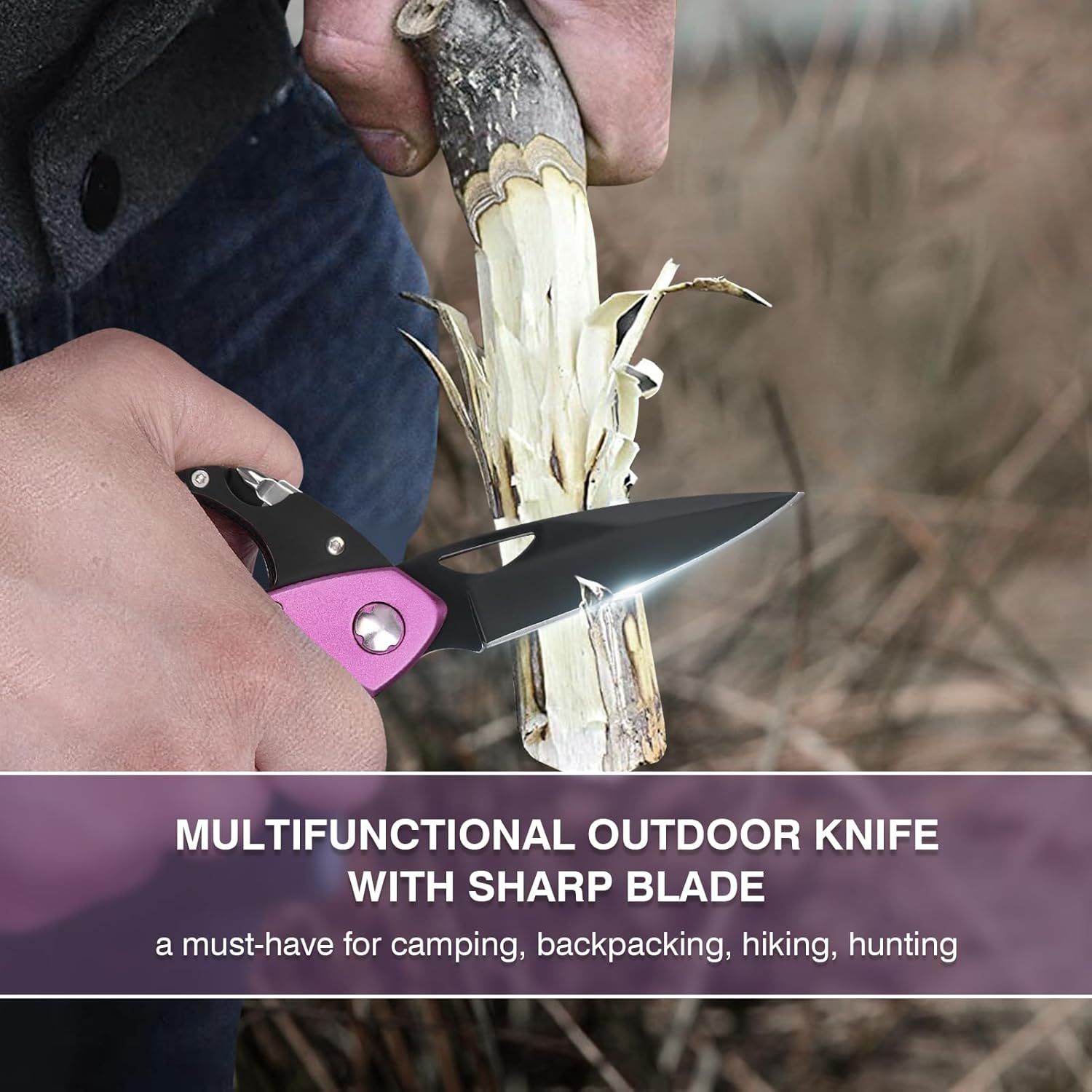 Demonstrates the knife's versatility across multiple outdoor scenarios (camping, backpacking, hiking, hunting) to position it as an essential multi-use tool…