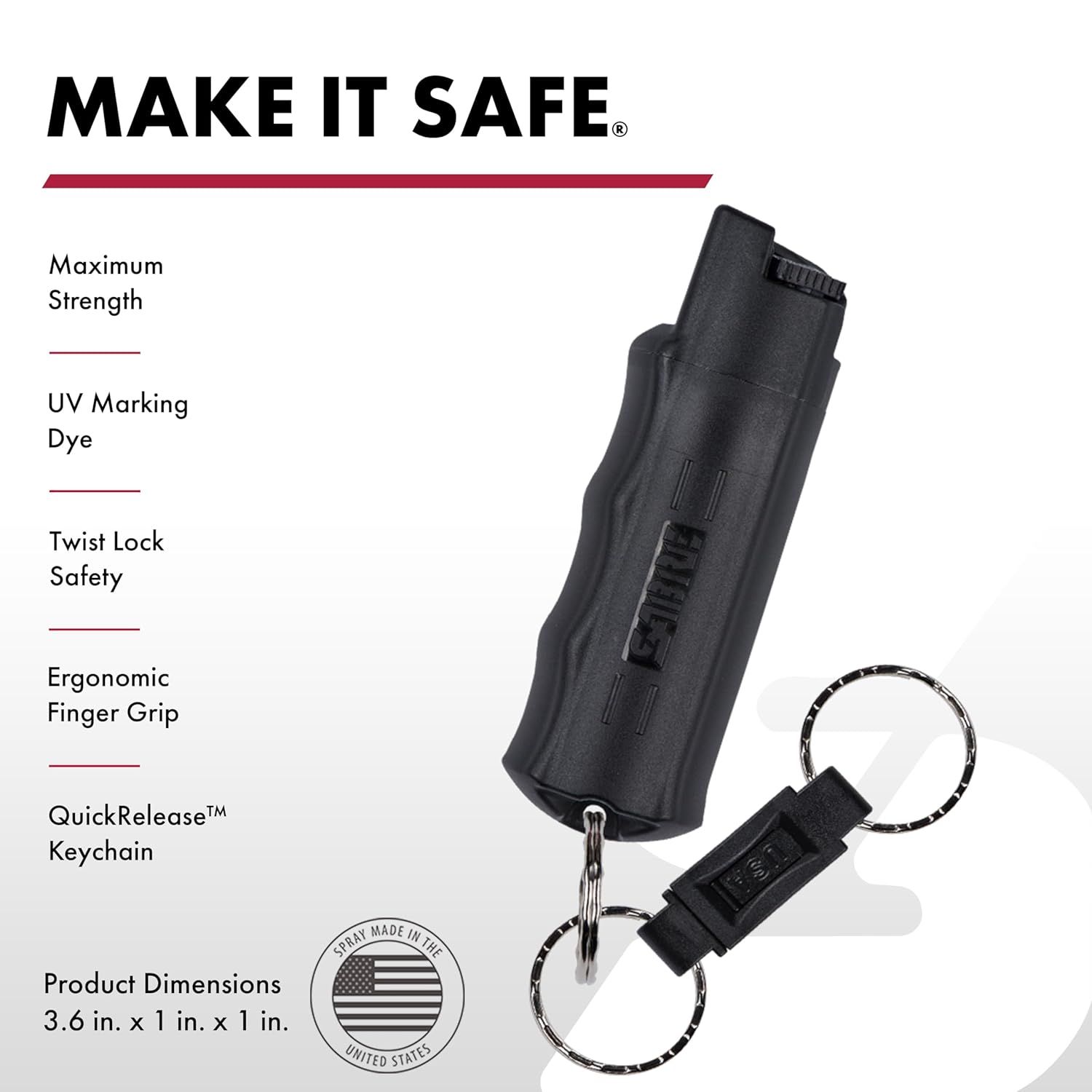 Communicates multiple distinct safety and usability features of the pepper spray product to reassure shoppers of its effectiveness, safety mechanisms, and…