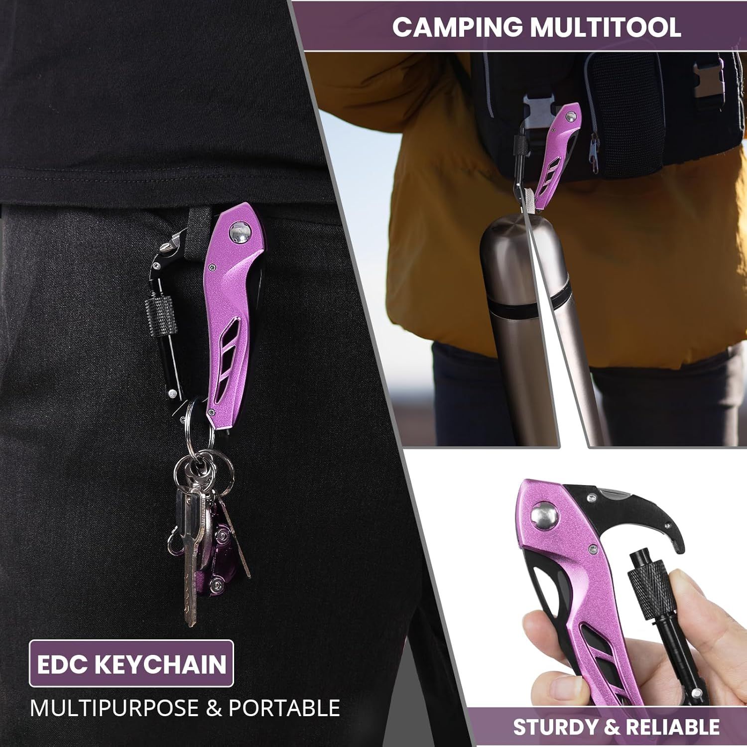 Demonstrates multiple use cases for the camping multitool, showing it can be attached to bags, water bottles, and used as an EDC keychain to communicate…