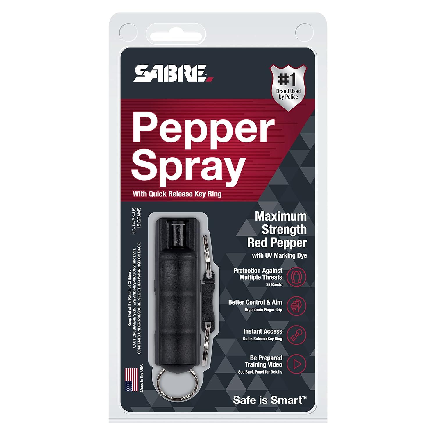 Communicates multiple distinct benefits of the pepper spray in a segmented layout with icons, highlighting strength, protection, ergonomics, quick access, and…