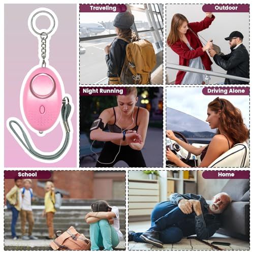 Demonstrates the personal safety alarm's versatility across multiple real-world scenarios (traveling, outdoor activities, night running, driving alone,…