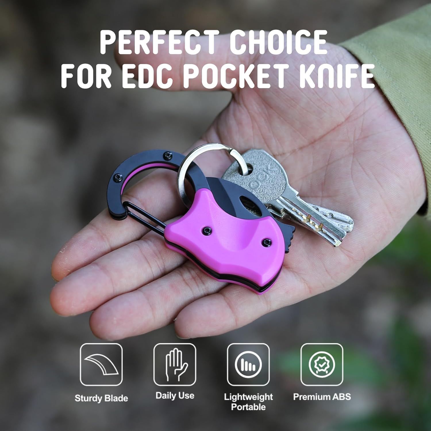 Communicates multiple key benefits of the EDC pocket knife through a segmented icon layout, highlighting durability, everyday usability, portability, and…