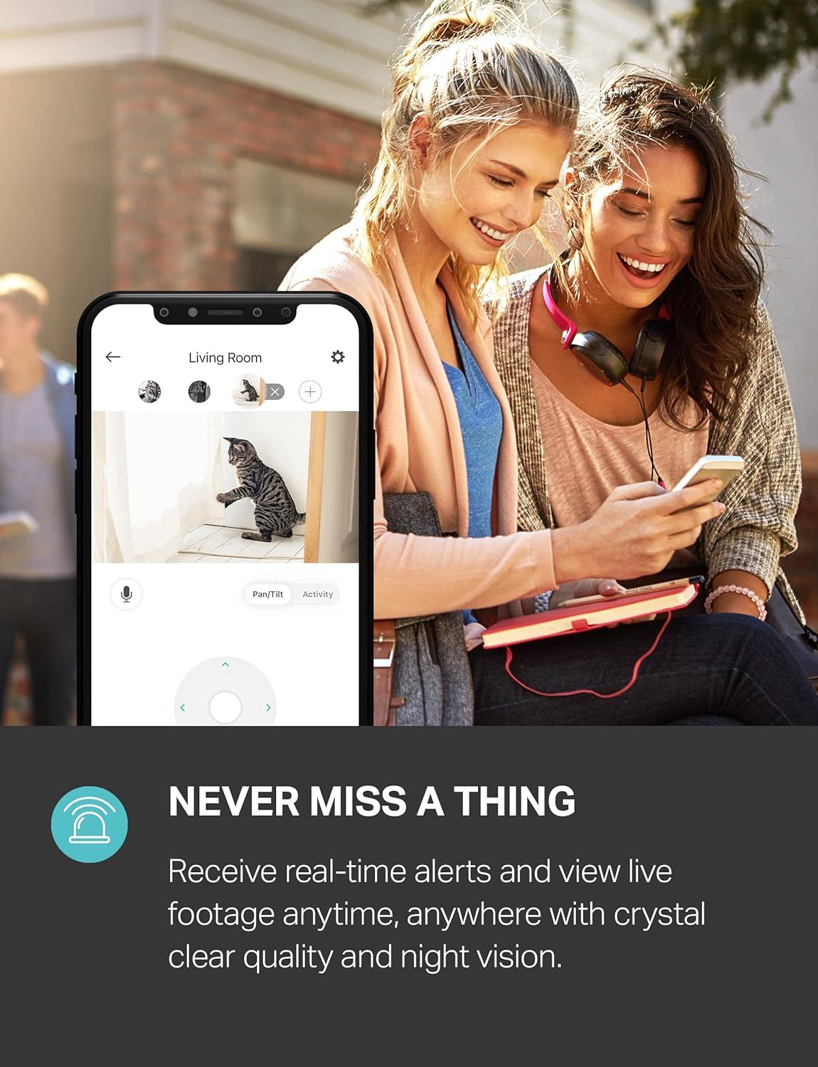 Communicates the product's ability to send instant alerts and provide live video access from anywhere, reassuring shoppers they can stay connected to their home at all times.