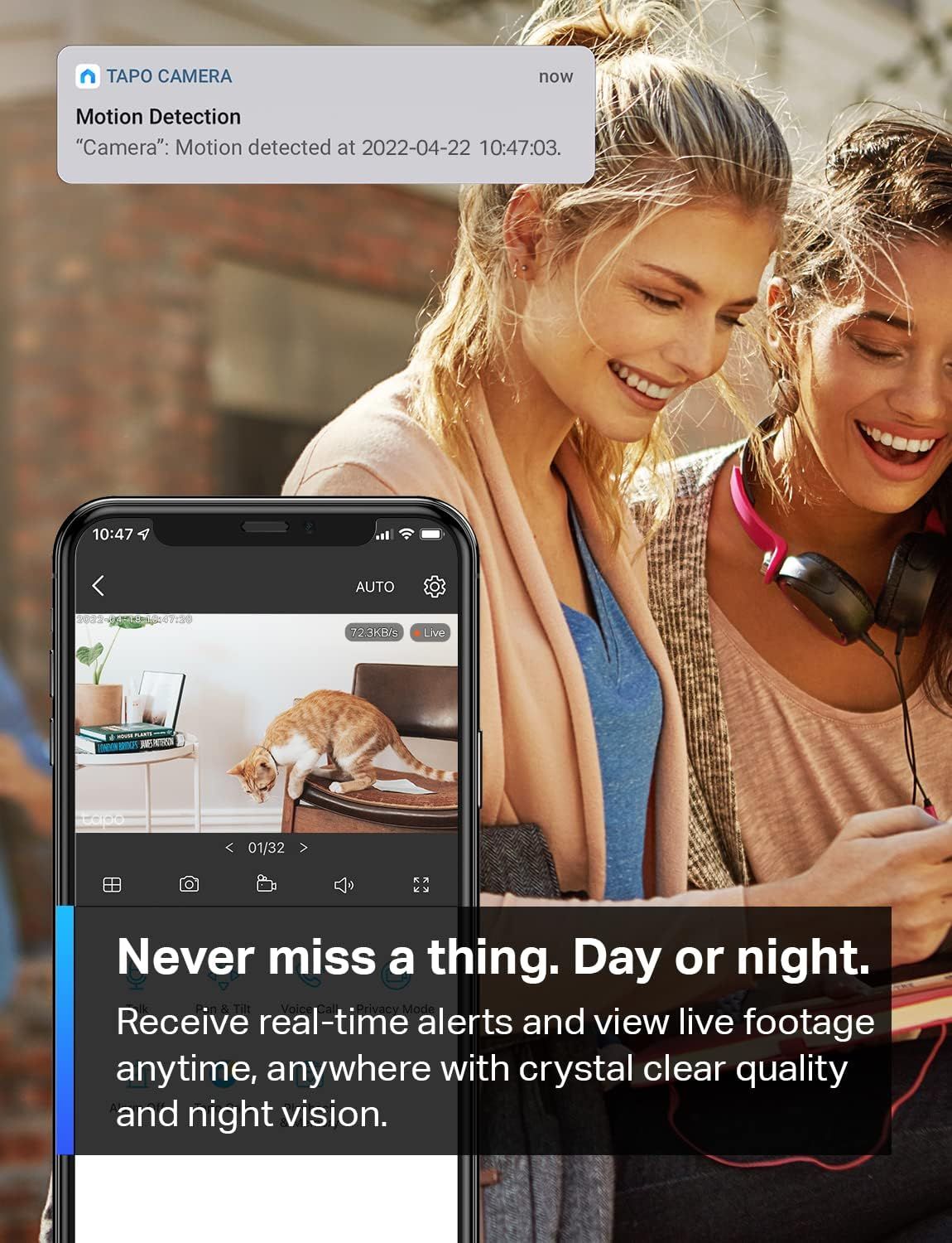 Communicates the camera's ability to send instant motion detection notifications and provide 24/7 live viewing access with clear quality day or night, reassuring shoppers they'll never miss…