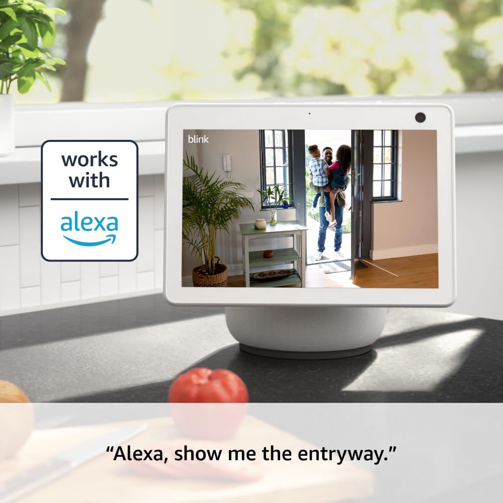 Demonstrates the product's compatibility with Alexa voice control and shows a real-world use case of viewing security camera footage on the device. Highlights the convenience of using voice commands…