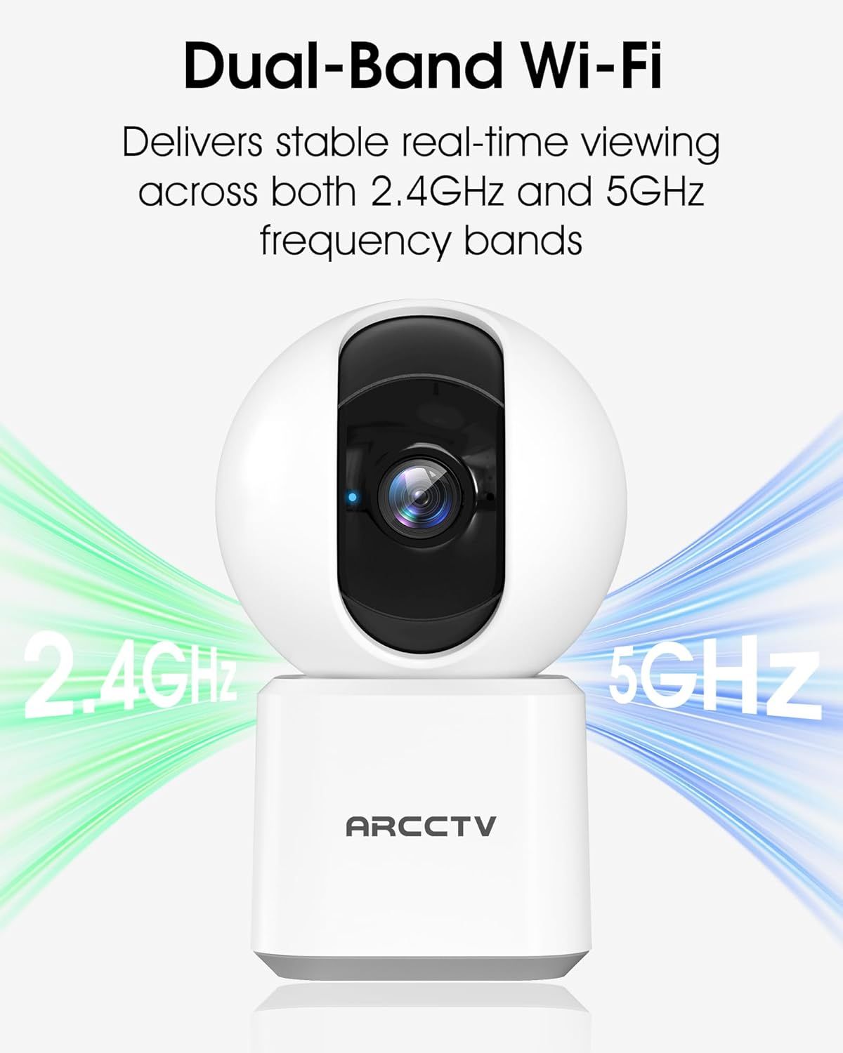 Communicates that the security camera supports both 2.4GHz and 5GHz Wi-Fi bands for stable, real-time video streaming, reassuring shoppers of reliable connectivity and performance.