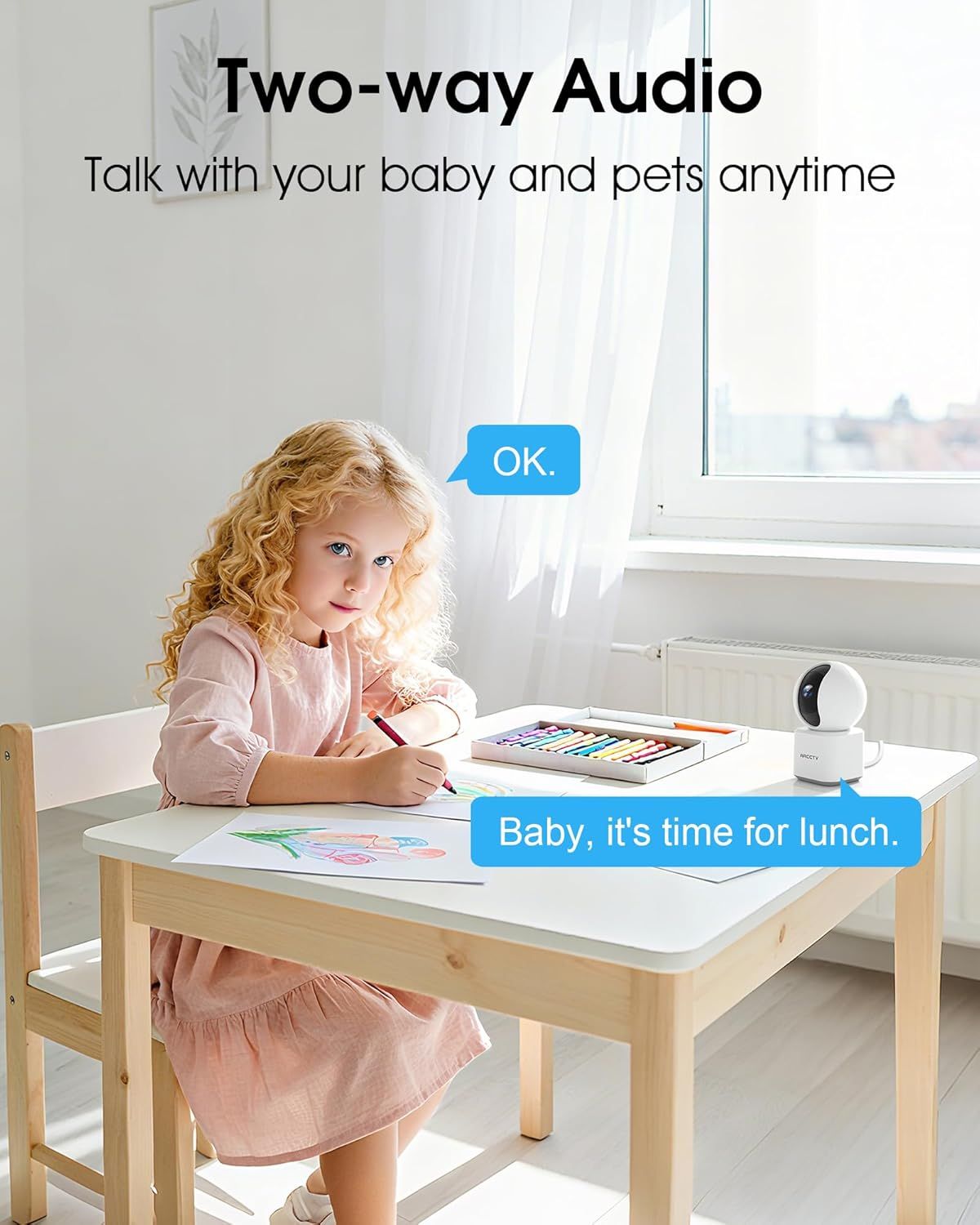 Demonstrates the product's two-way audio feature, allowing parents to communicate with their children remotely, providing reassurance and convenience for monitoring and interaction.