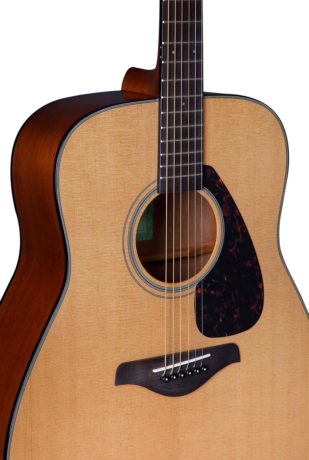 Provides a clear, distraction-free view of the acoustic guitar on a white background, allowing shoppers to see the product details, wood grain, and craftsmanship without any text or design elements.