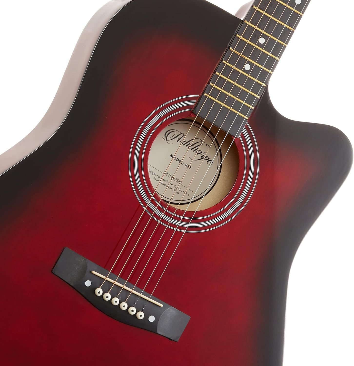 Provides a clean, catalog-style view of the acoustic guitar showing its red-to-black gradient finish, fretboard, and overall design without distractions.
