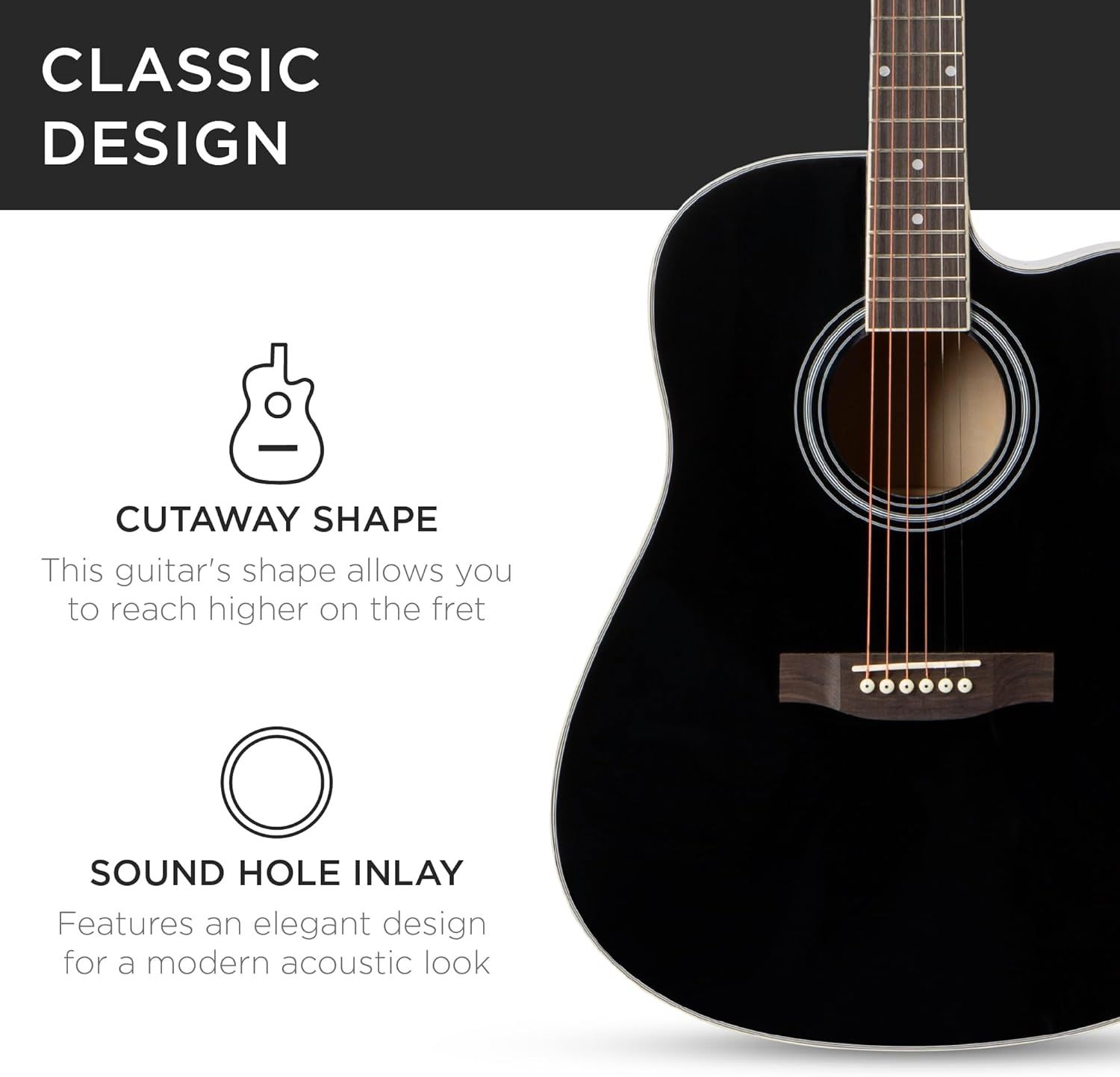 Highlights two specific design features of the guitar—the cutaway shape for better fret access and the elegant sound hole inlay—to communicate both functional and aesthetic benefits to shoppers.
