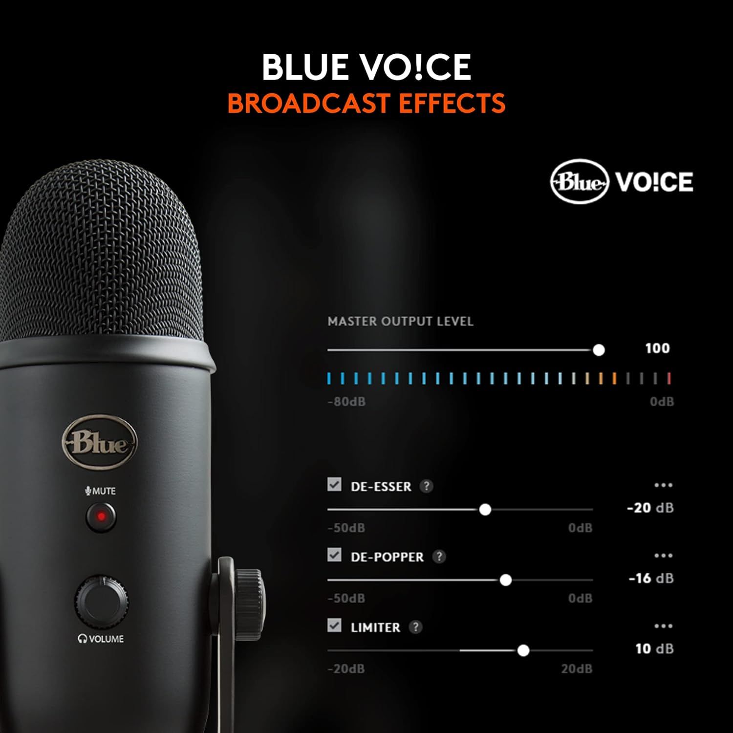 Demonstrates the product's broadcast effects software capabilities, showing the professional audio controls (de-esser, de-popper, limiter) available to users for enhanced sound quality.