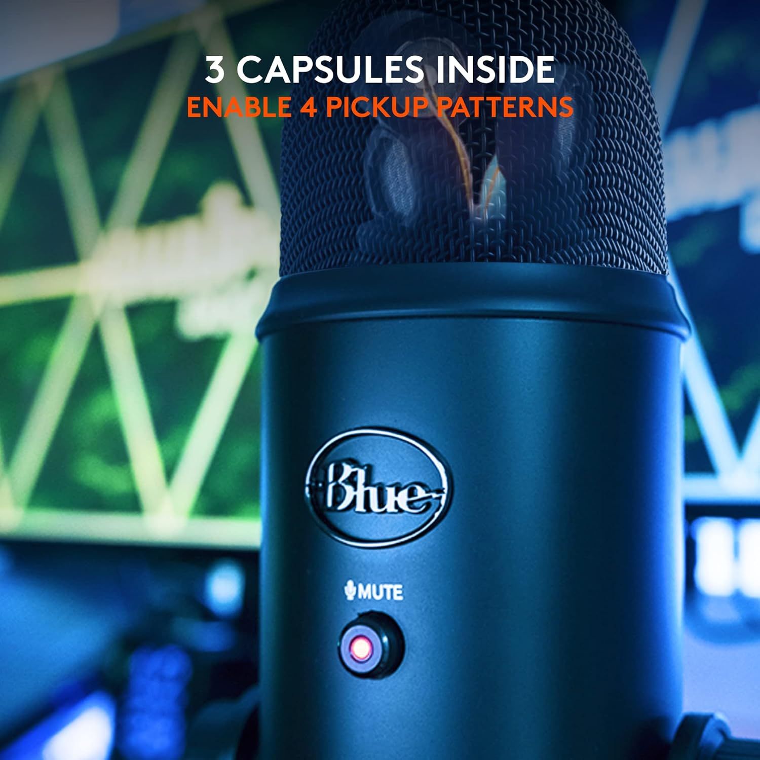 Highlights the technical feature of 3 internal capsules that enable 4 different pickup patterns, communicating the microphone's versatility and professional audio capabilities to shoppers.…
