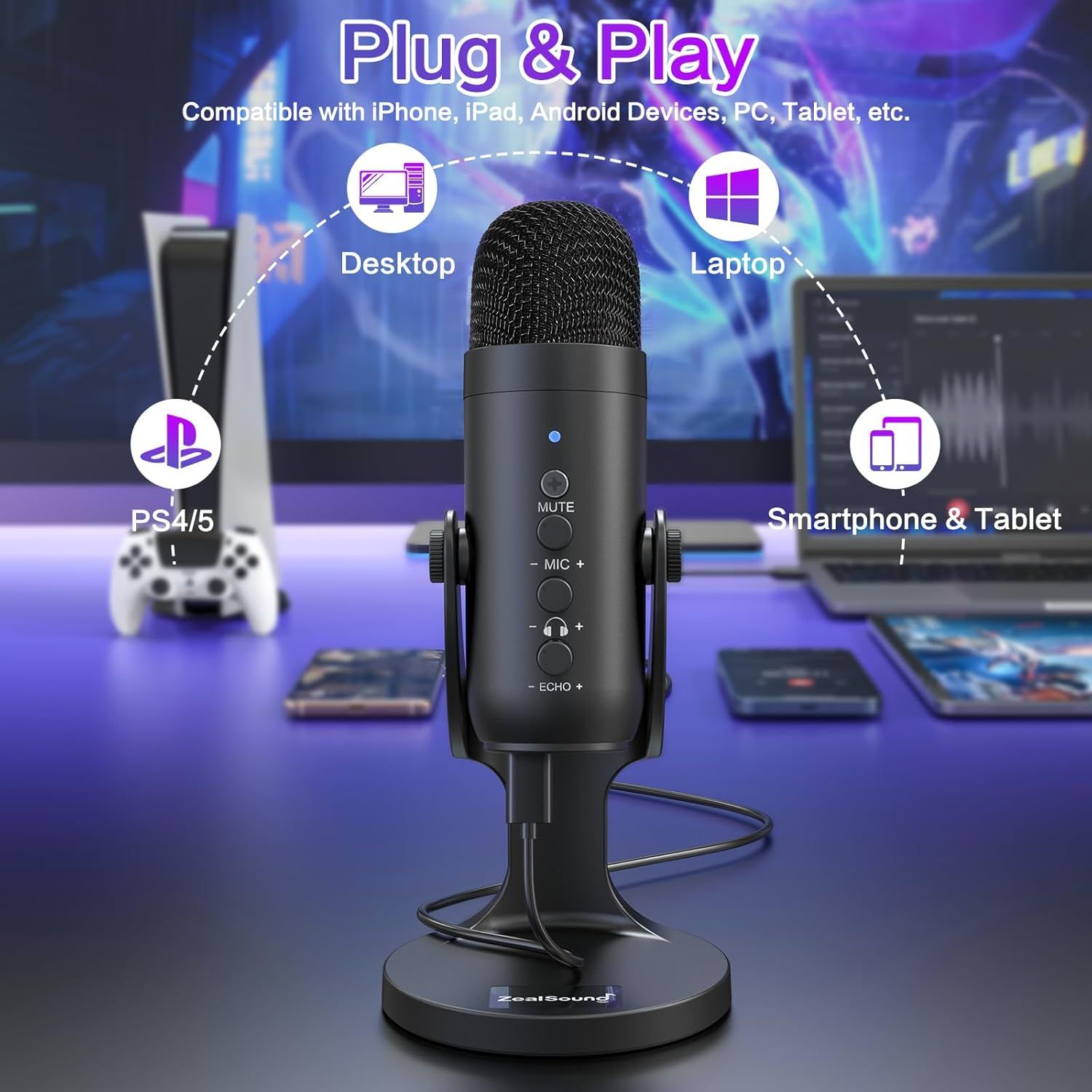 Demonstrates the microphone's versatility by showing it works with multiple device types including gaming consoles, computers, and mobile devices, reassuring shoppers of broad compatibility.