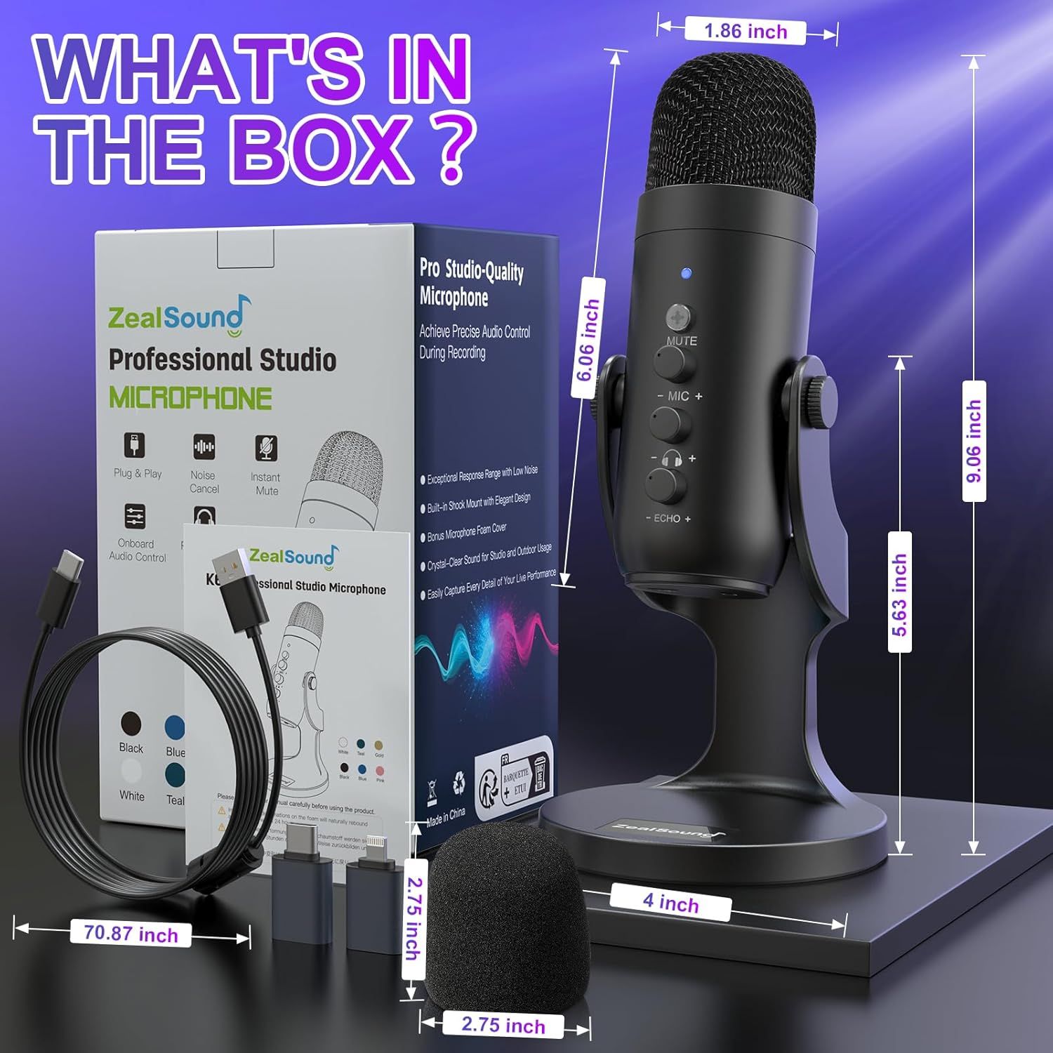 Shows everything included in the purchase to reassure shoppers they're getting a complete professional studio microphone kit with all necessary accessories. Provides exact measurements of the…