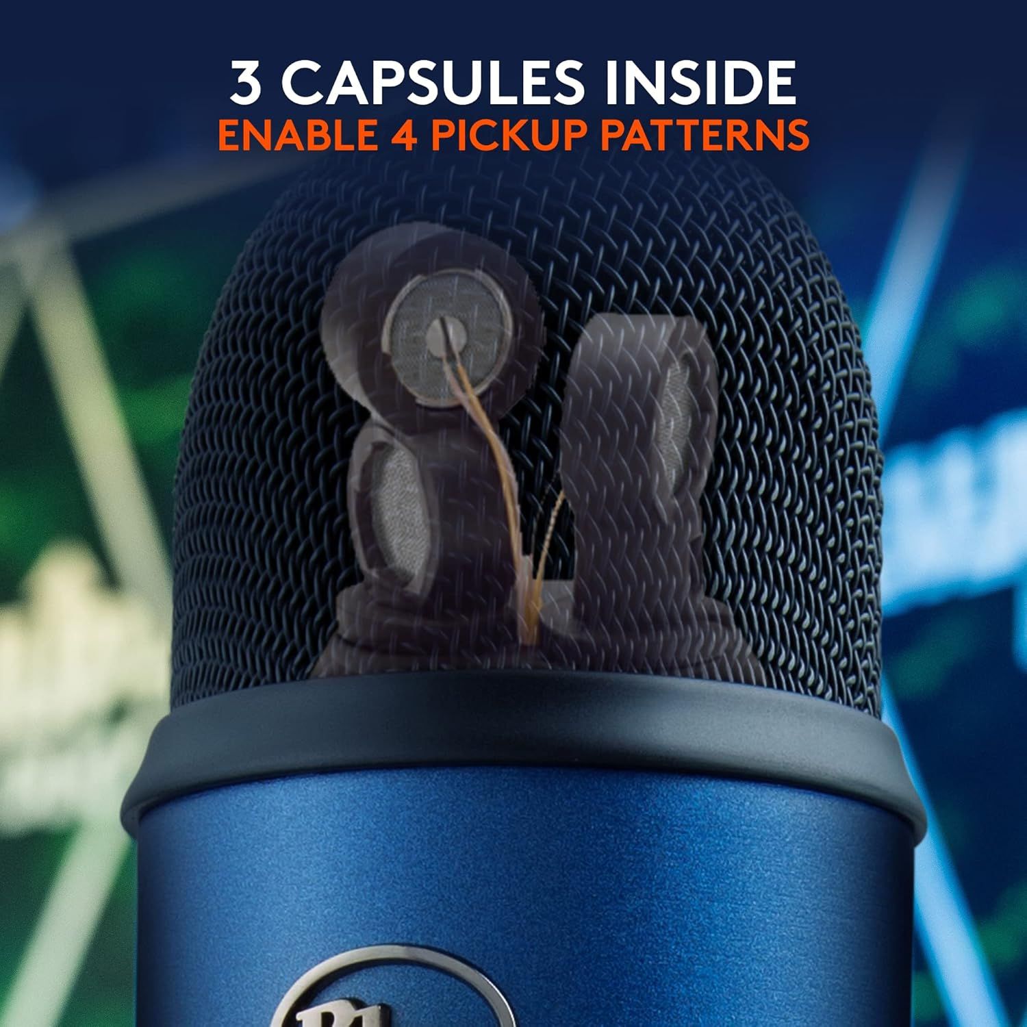 Highlights the internal structure of the microphone, showing the three capsules inside that enable four different pickup patterns, communicating technical sophistication and versatility.…