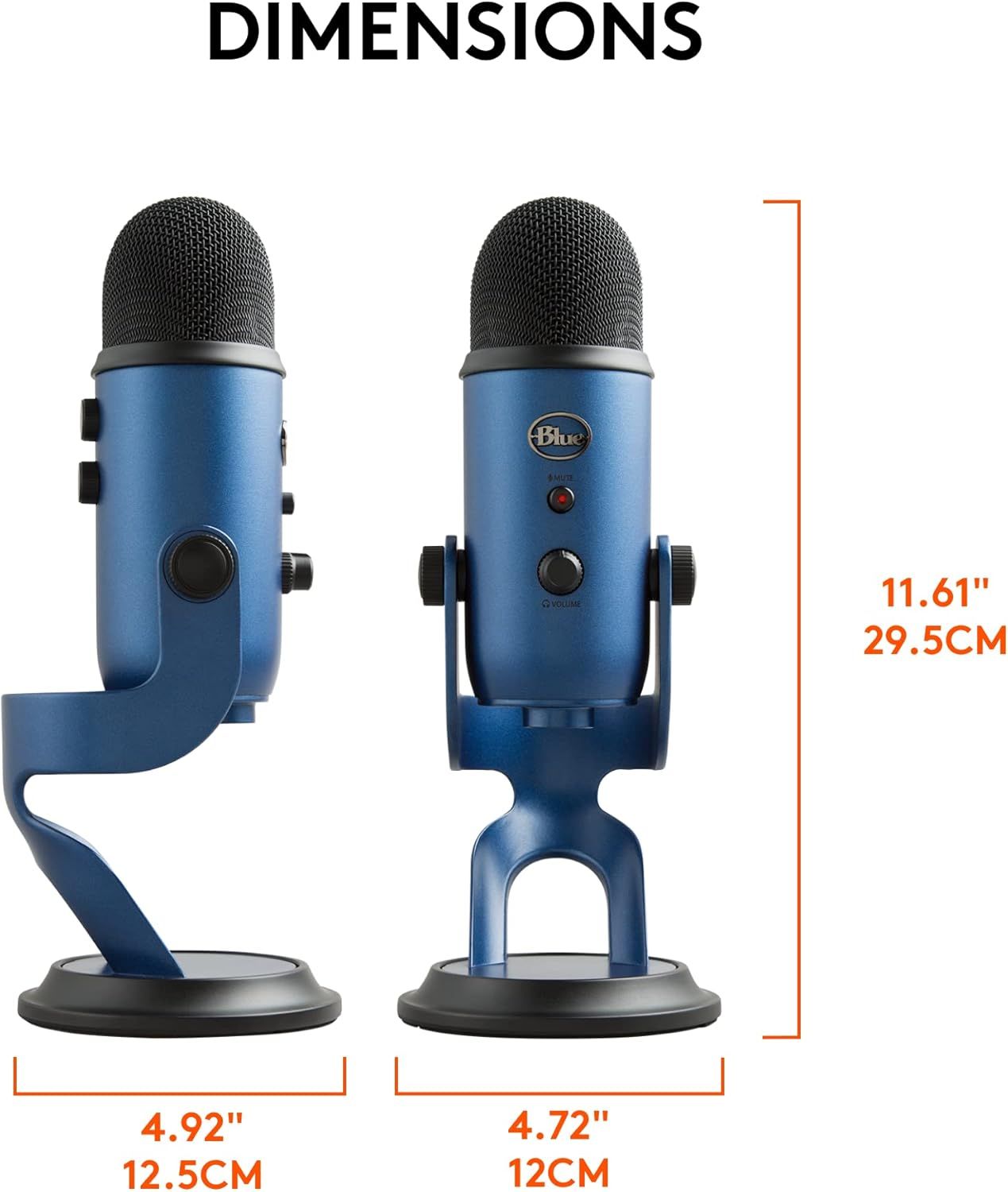 Communicates the exact physical size of the microphone from multiple angles with height, width, and depth measurements to help shoppers understand how much space it will occupy.