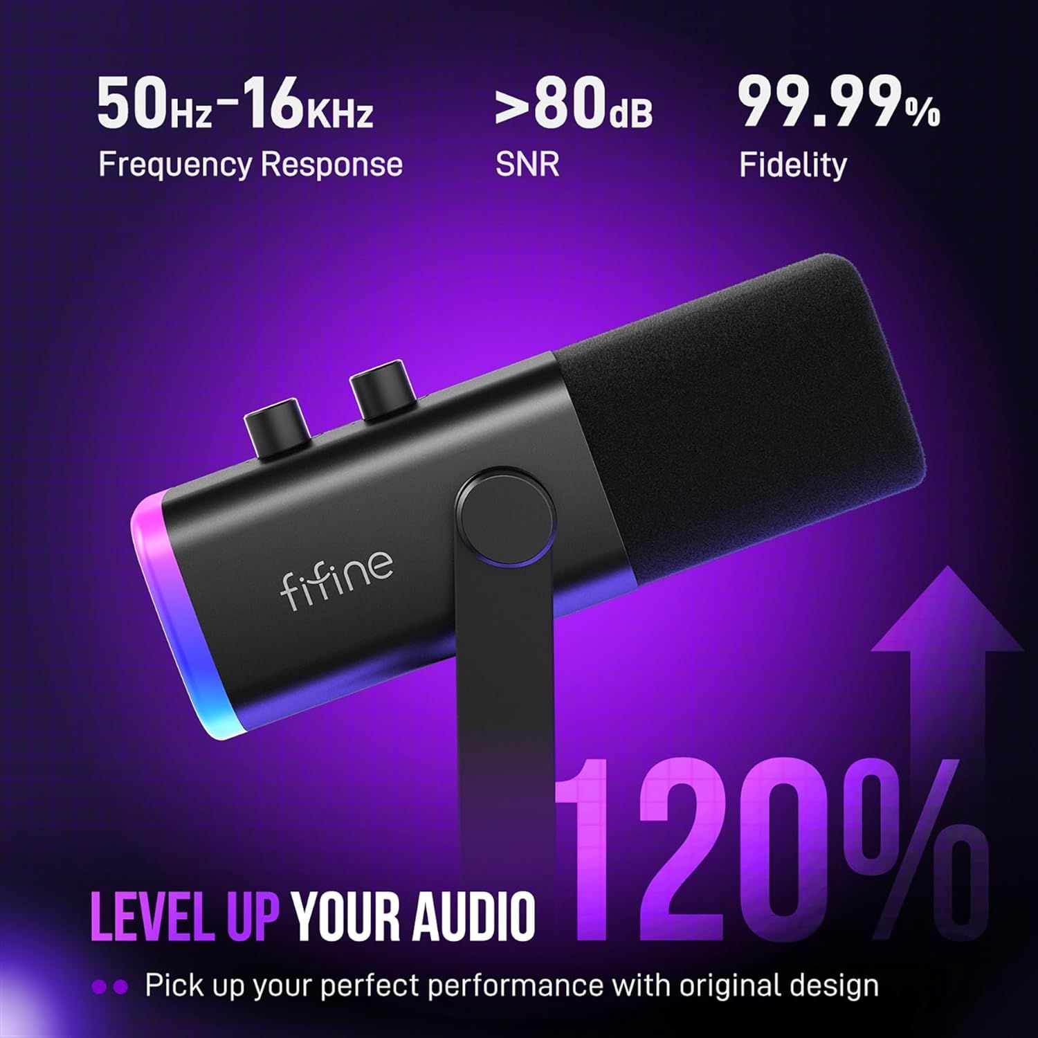 Communicates the microphone's superior audio performance through multiple quantifiable technical specifications to reassure shoppers of professional-grade sound quality. Highlights multiple distinct…