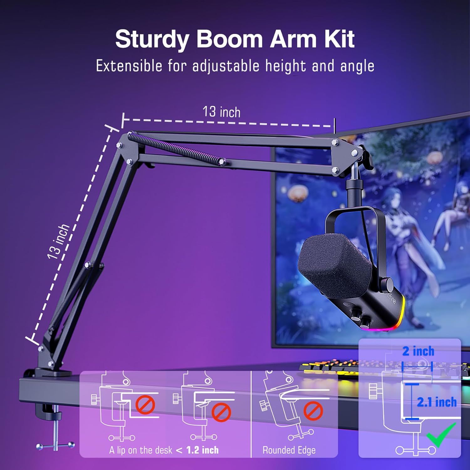 Highlights the physical dimensions and structural features of the boom arm kit, showing its 13-inch reach and adjustability, while demonstrating proper desk mounting requirements to help shoppers…