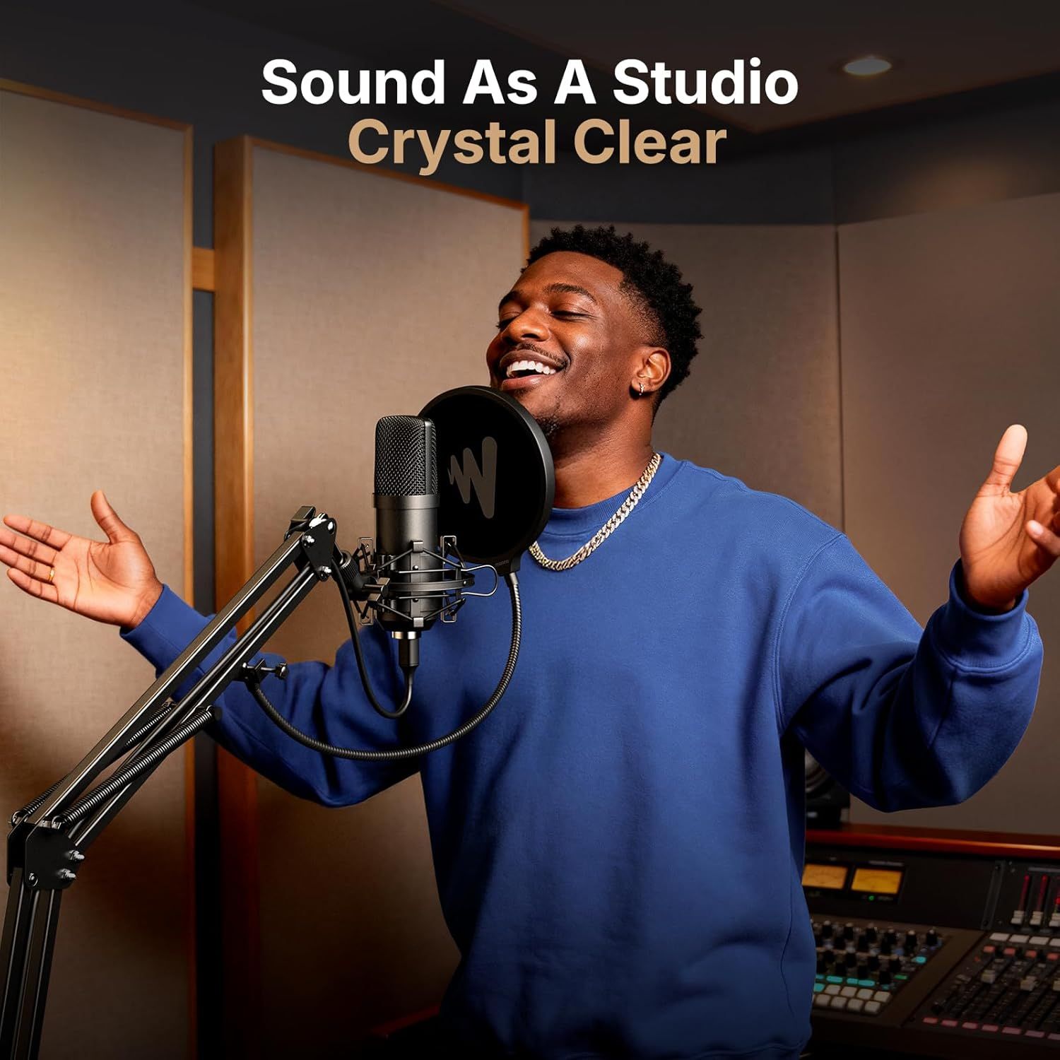 Communicates that the microphone delivers professional studio-quality audio clarity, reassuring shoppers that they can achieve high-end recording results.