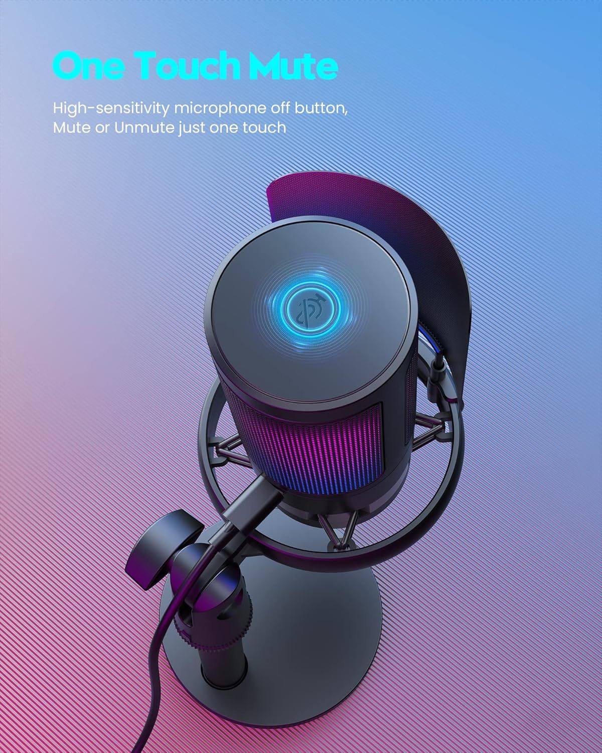 Highlights the convenience of the high-sensitivity microphone mute button that allows users to mute or unmute with just one touch, emphasizing ease of use during calls or streaming.