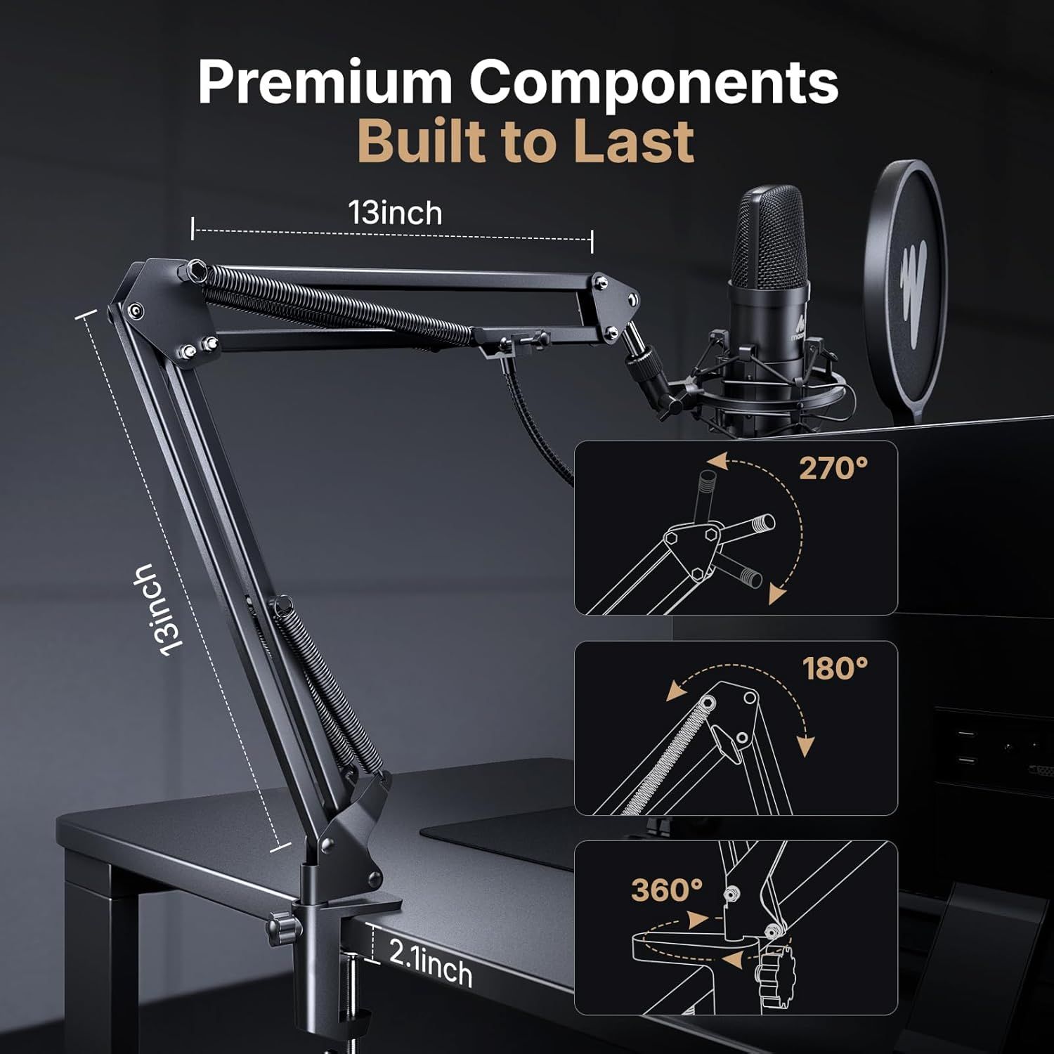Highlights the physical components and adjustability features of the microphone boom arm, showing its dimensions and multiple rotation points to demonstrate its flexibility and premium construction.…
