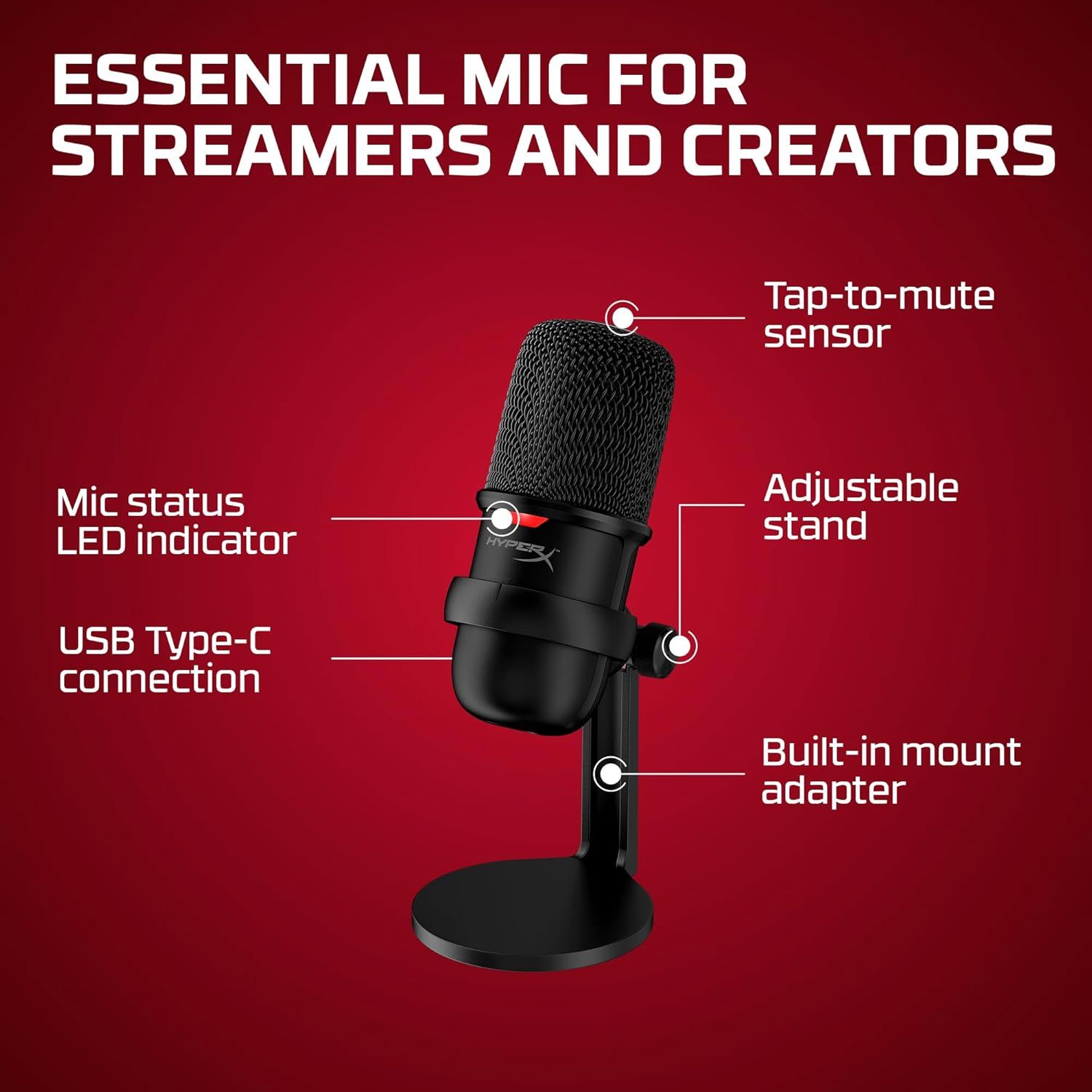 This image breaks down the microphone's key physical components and features to help streamers and creators understand the product's structure and functionality.