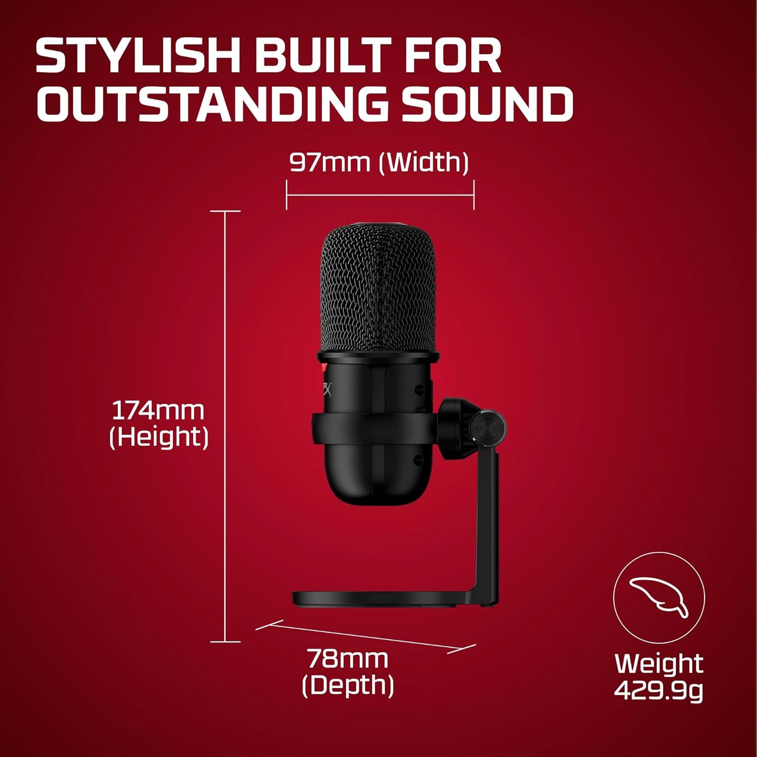 Communicates the exact physical size and weight of the microphone to help shoppers understand its compact footprint and portability. Highlights the microphone's premium aesthetic and superior audio…