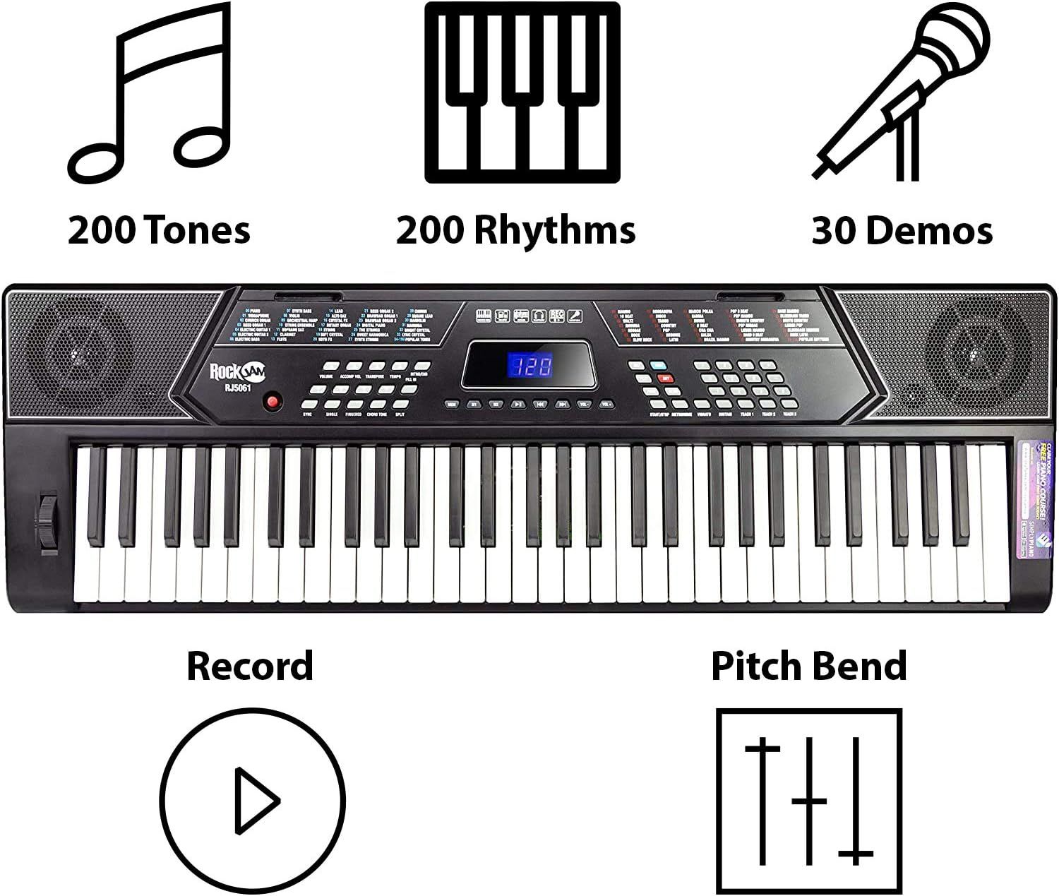 Communicates the keyboard's versatile musical capabilities across multiple features including sound variety, rhythm options, demo songs, recording functionality, and pitch control to demonstrate…