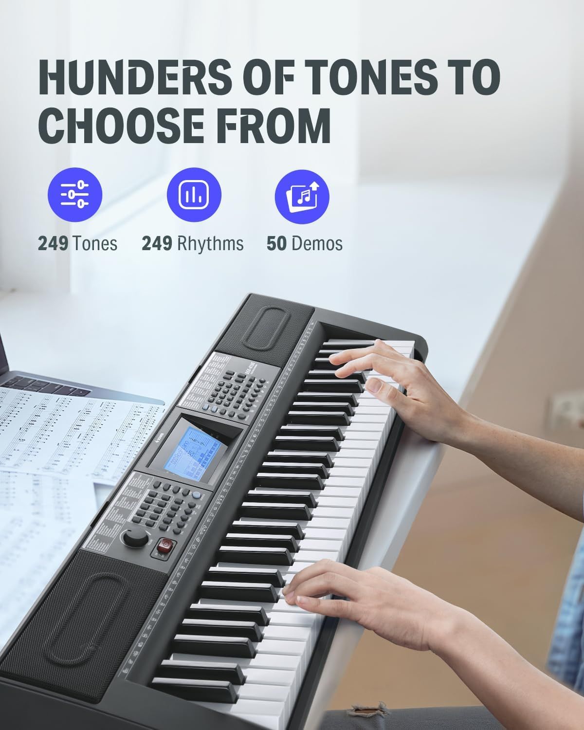 Communicates the extensive sound library available with the keyboard, highlighting the variety of tones, rhythms, and demos to reassure shoppers of the product's versatility and value. Emphasizes…