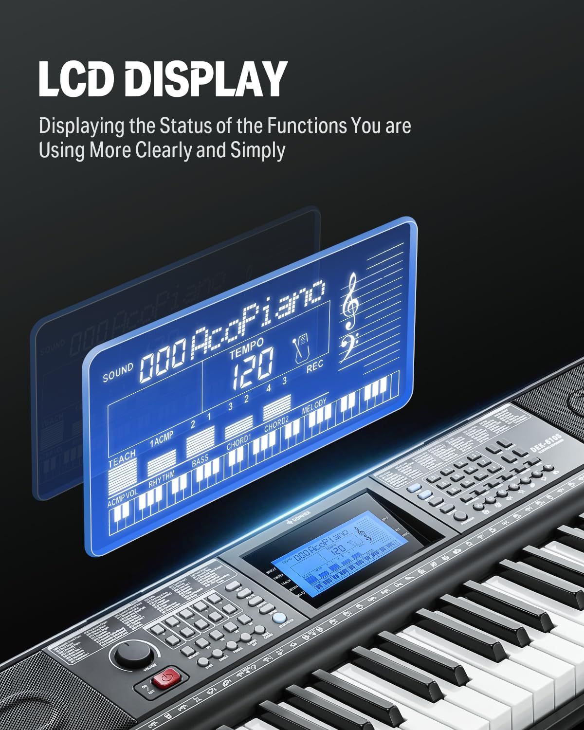 Highlights the LCD display feature that shows function status clearly and simply, reassuring shoppers that the keyboard is easy to monitor and use.
