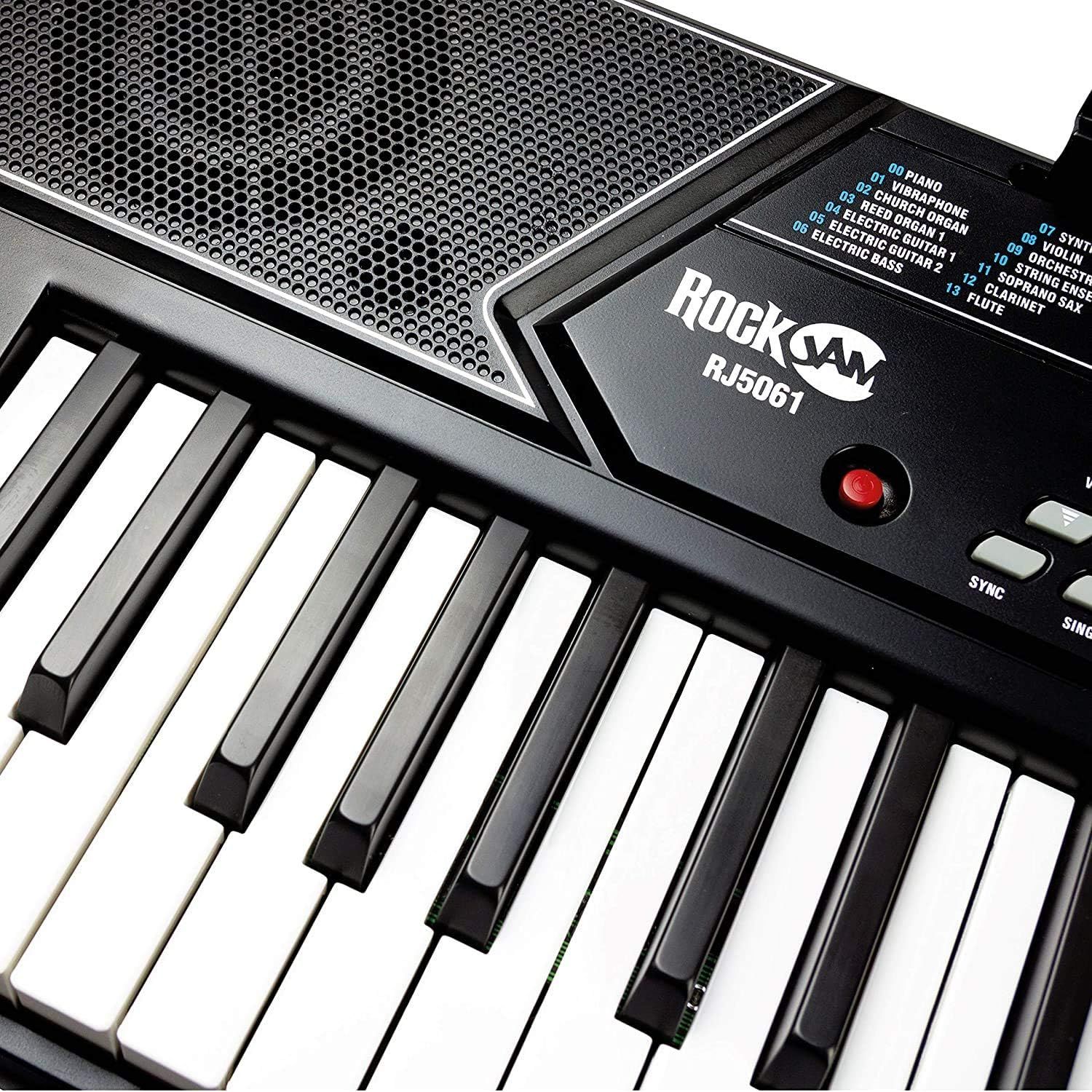 Highlights the physical components and features of the keyboard, including the speaker grille, brand model number, instrument selection panel, and control buttons to help shoppers understand the…