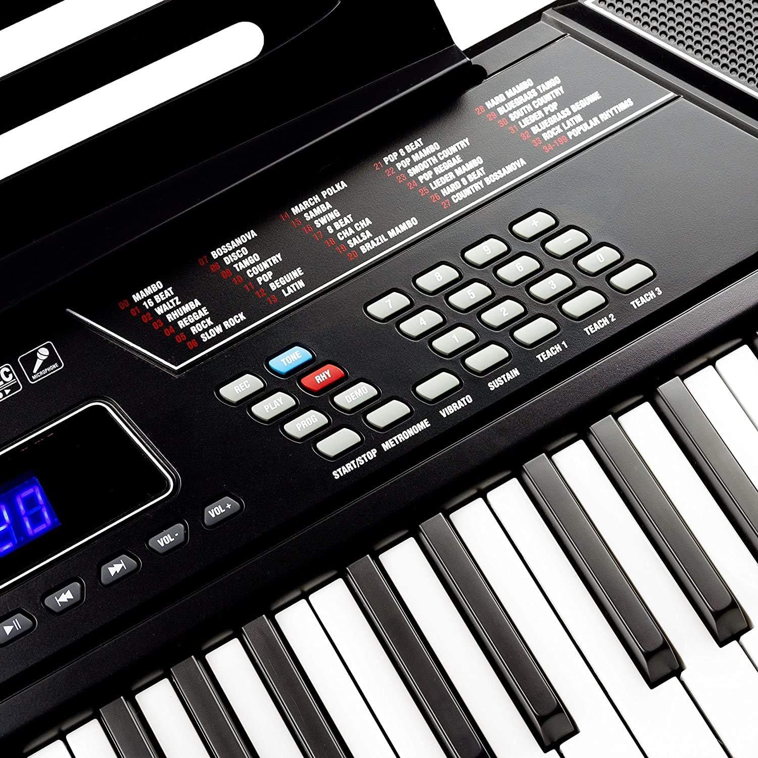 Highlights the keyboard's control interface and built-in rhythm/music style options to show shoppers the variety of sounds and functions available.