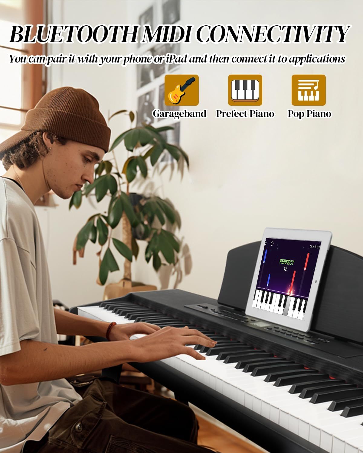 Demonstrates the product's ability to connect with multiple music learning and creation applications (Garageband, Perfect Piano, Pop Piano) via Bluetooth MIDI, showing versatility and compatibility…