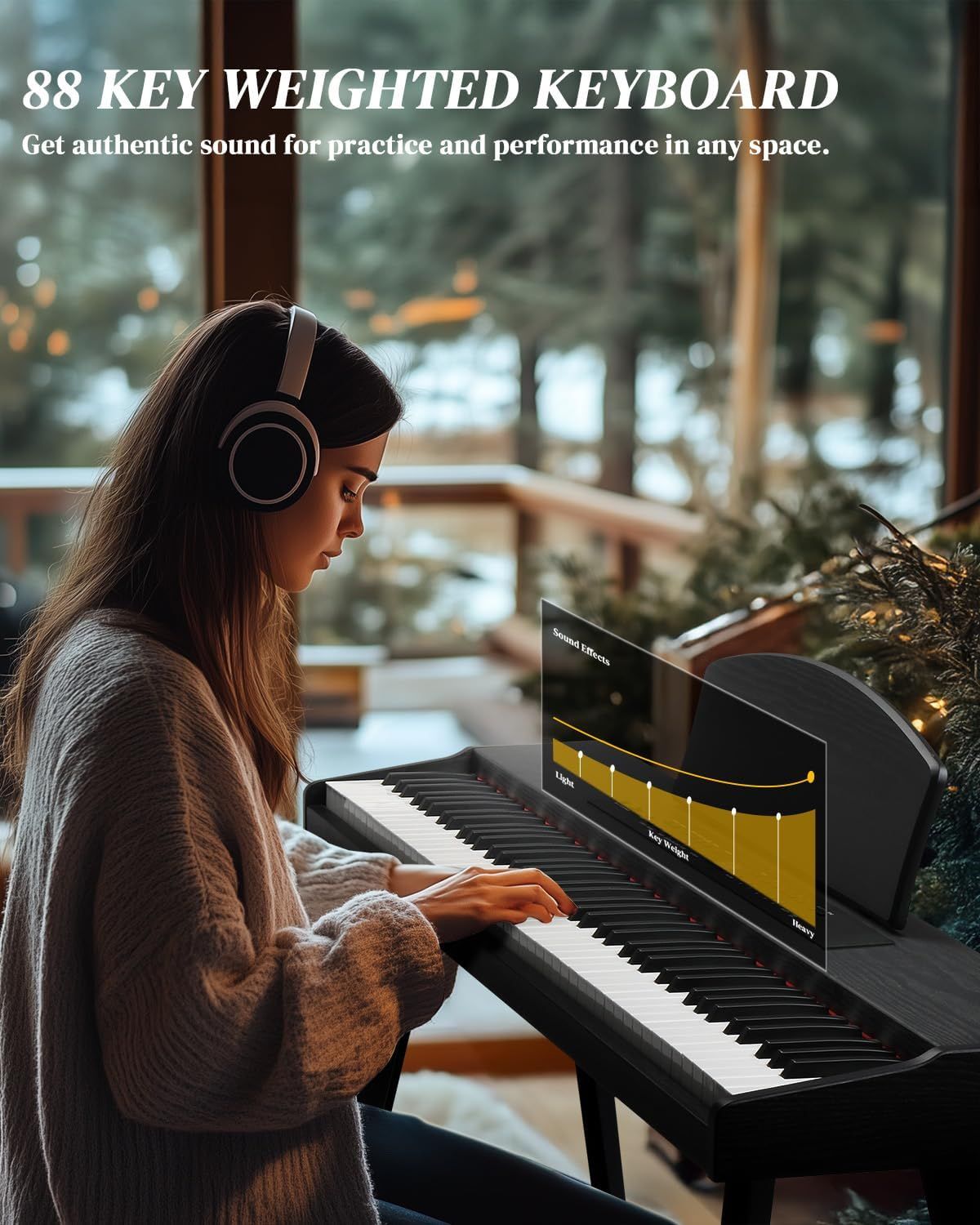 Communicates that the 88-key weighted keyboard delivers authentic piano sound quality suitable for practice and performance in any environment, appealing to musicians seeking realistic playing…