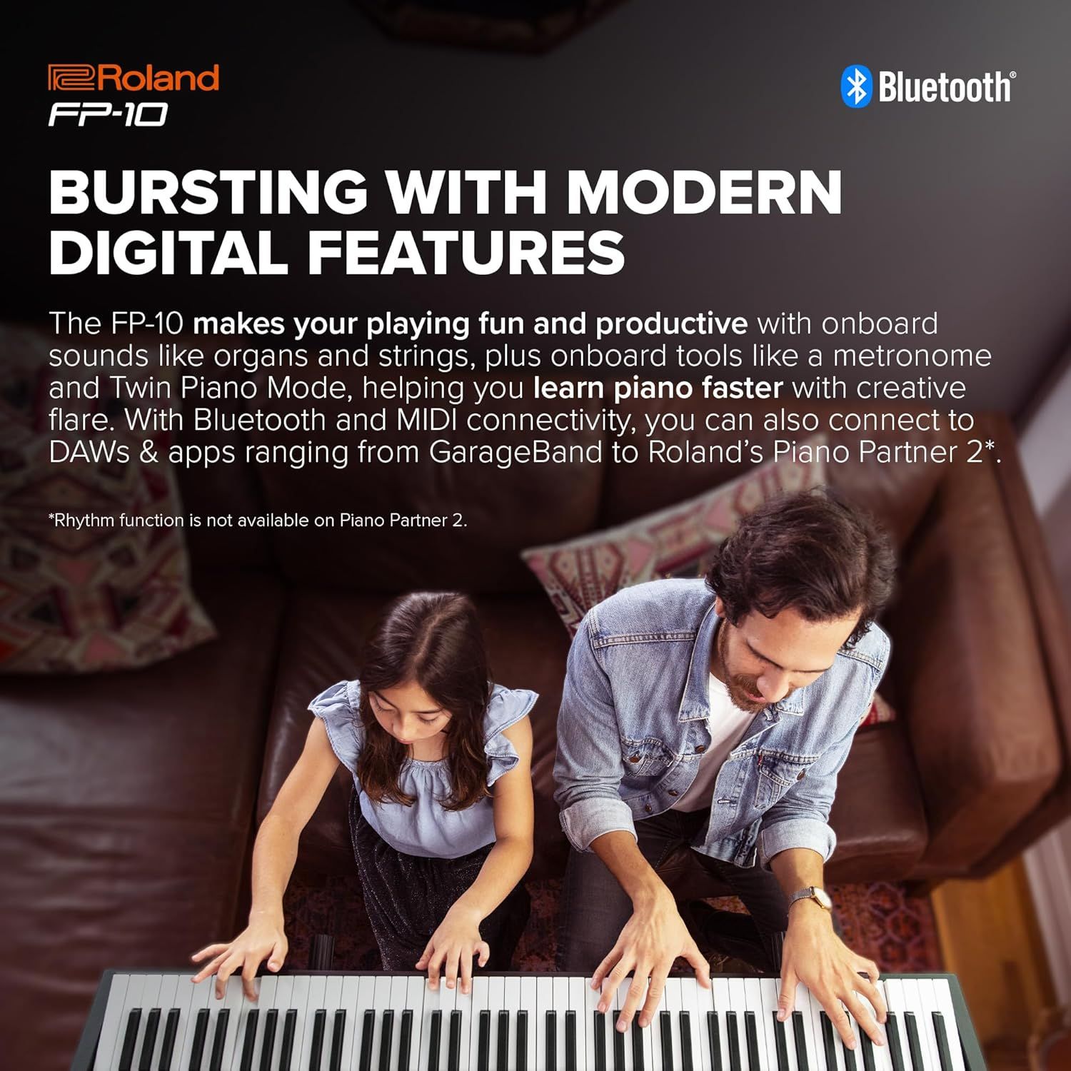 Communicates multiple key benefits of the Roland FP-10 piano including digital features, onboard sounds, learning capabilities, and connectivity options to demonstrate the product's versatility and…