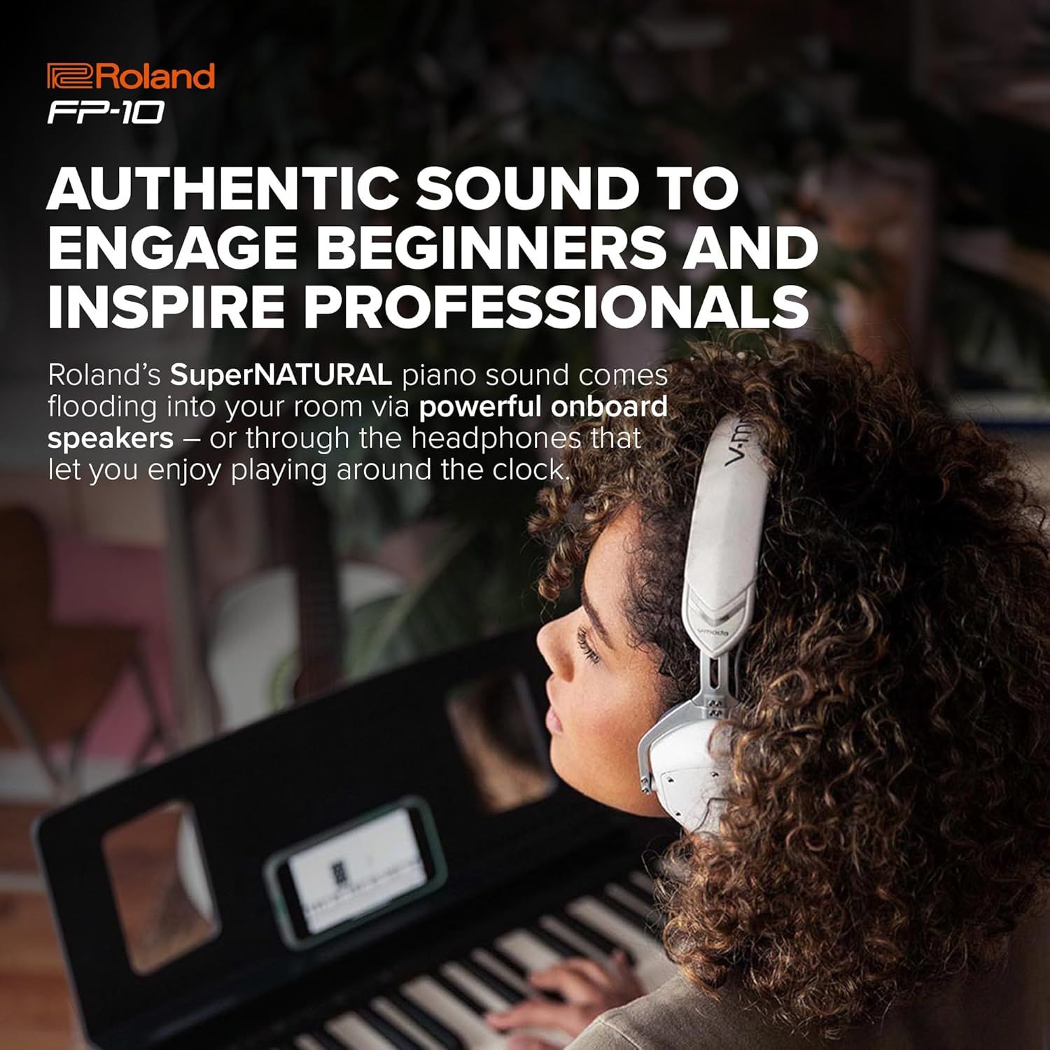 Communicates the authentic, high-quality piano sound technology that appeals to both beginners and professionals, emphasizing the immersive audio experience through speakers or headphones.