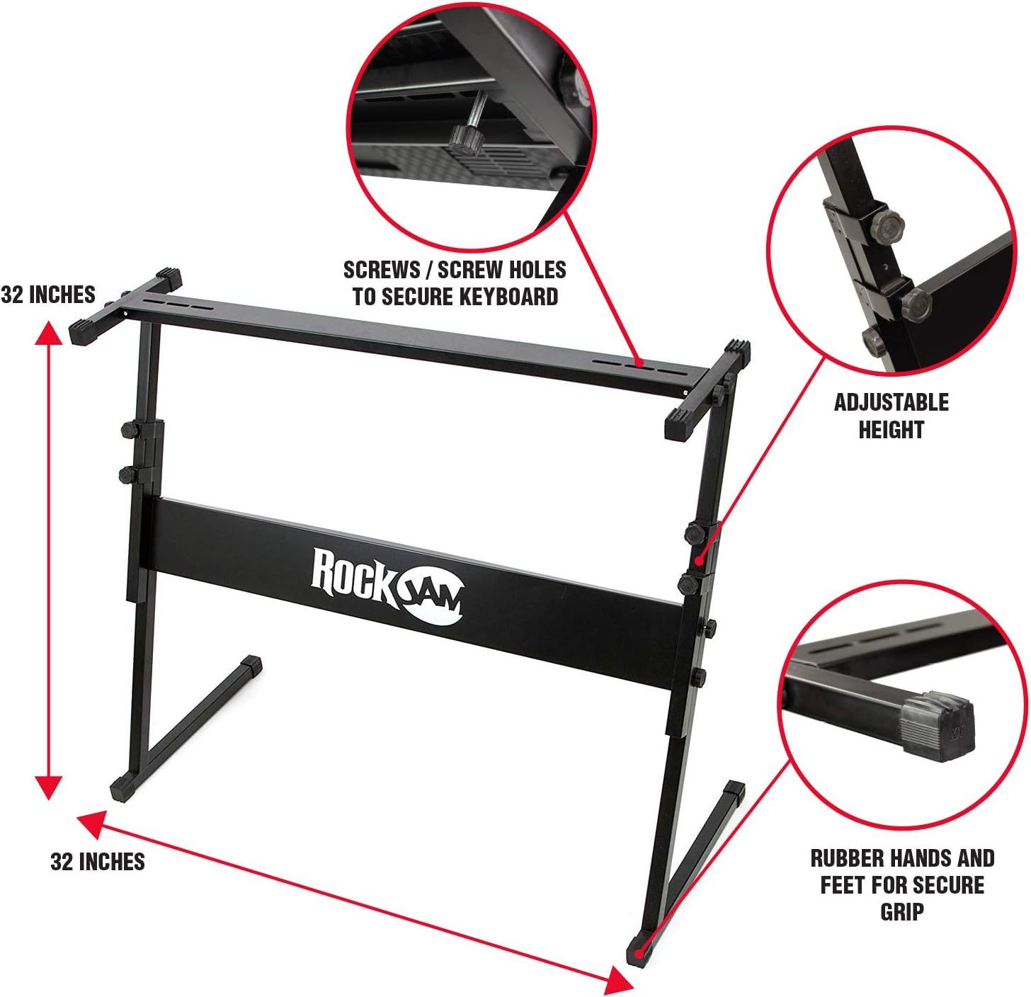 This image breaks down the keyboard stand's key physical components and features, using callout circles and arrows to highlight adjustable height mechanism, screw holes for securing the keyboard,…